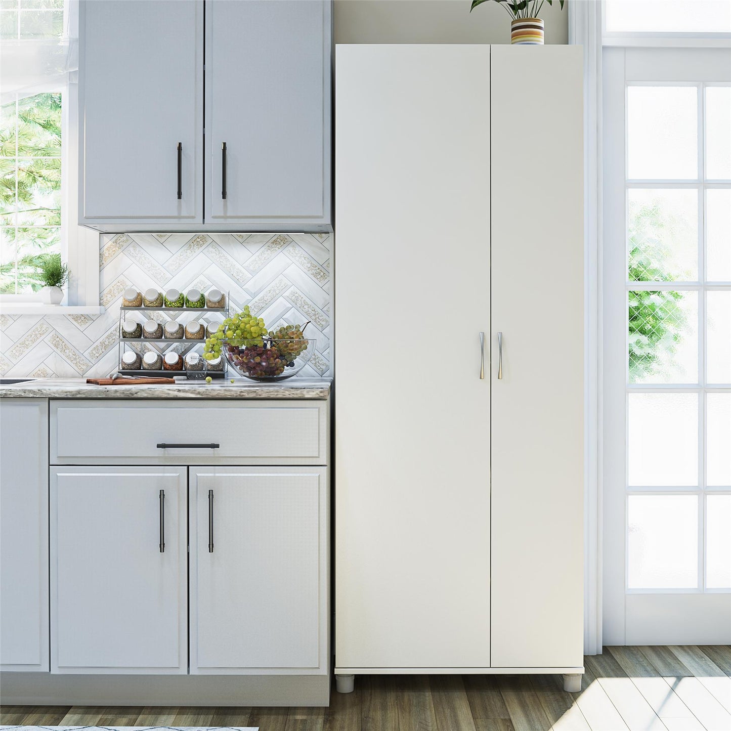 Basin Tall Asymmetrical Storage Cabinet with Adjustable Shelving and Feet - White