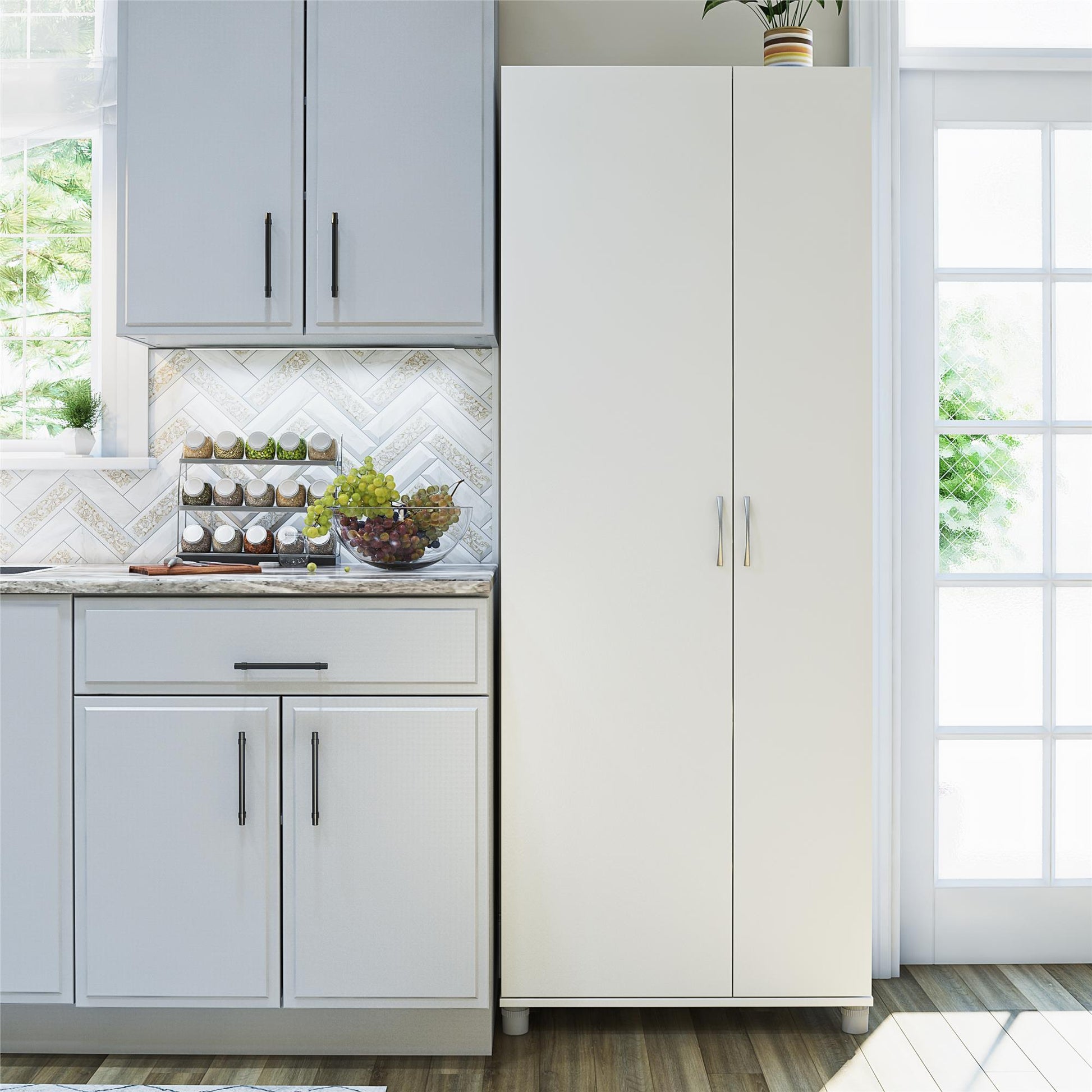 Basin Tall Asymmetrical Storage Cabinet with Adjustable Shelving and Feet - White