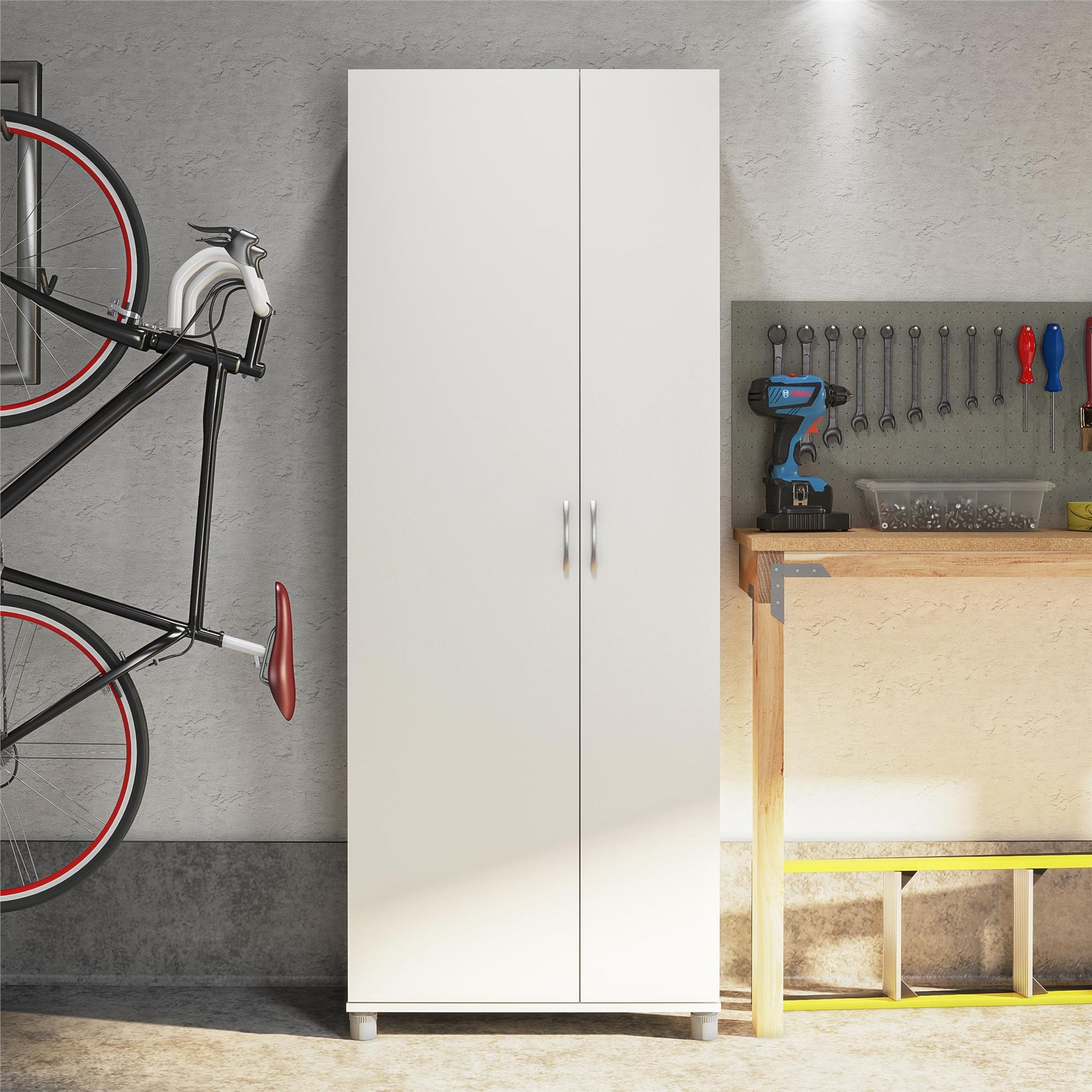 Basin Tall Asymmetrical Storage Cabinet with Adjustable Shelving and Feet - White