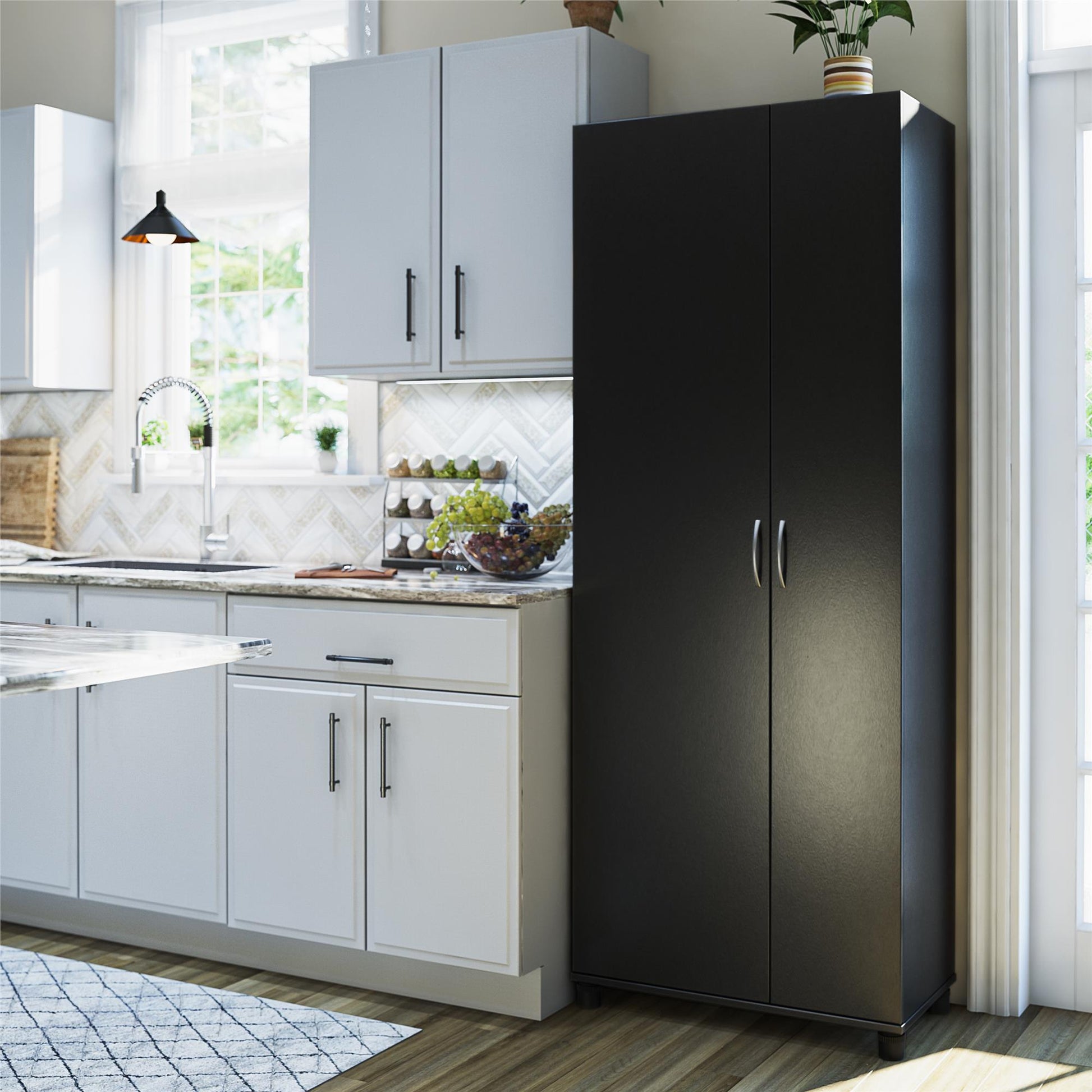 Basin Tall Asymmetrical Storage Cabinet with Adjustable Shelving and Feet - Black