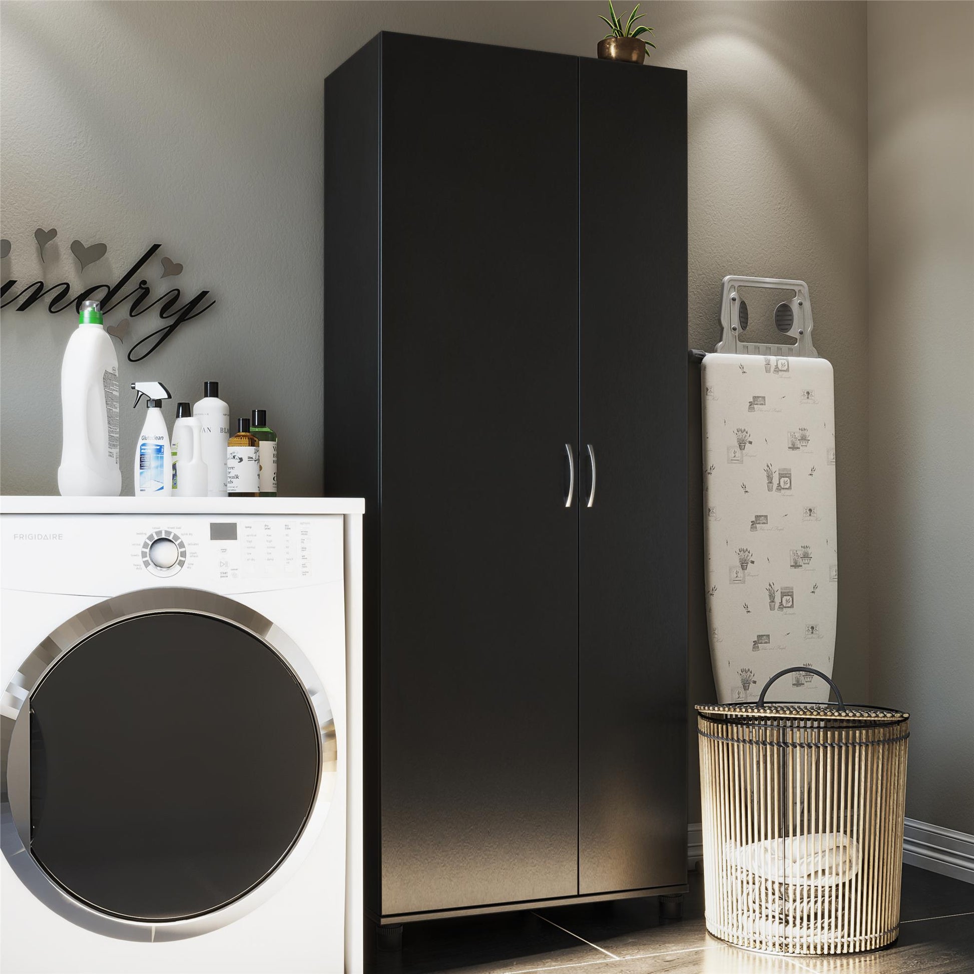 Basin Tall Asymmetrical Storage Cabinet with Adjustable Shelving and Feet - Black