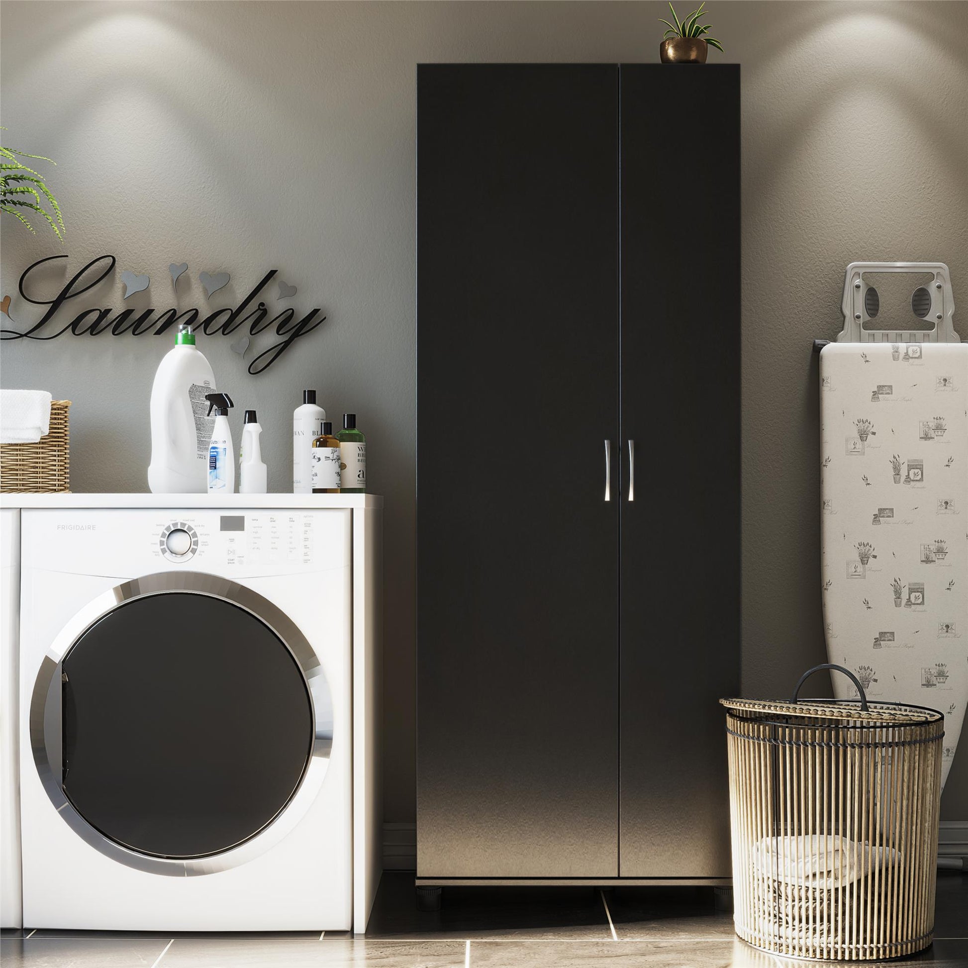 Basin Tall Asymmetrical Storage Cabinet with Adjustable Shelving and Feet - Black