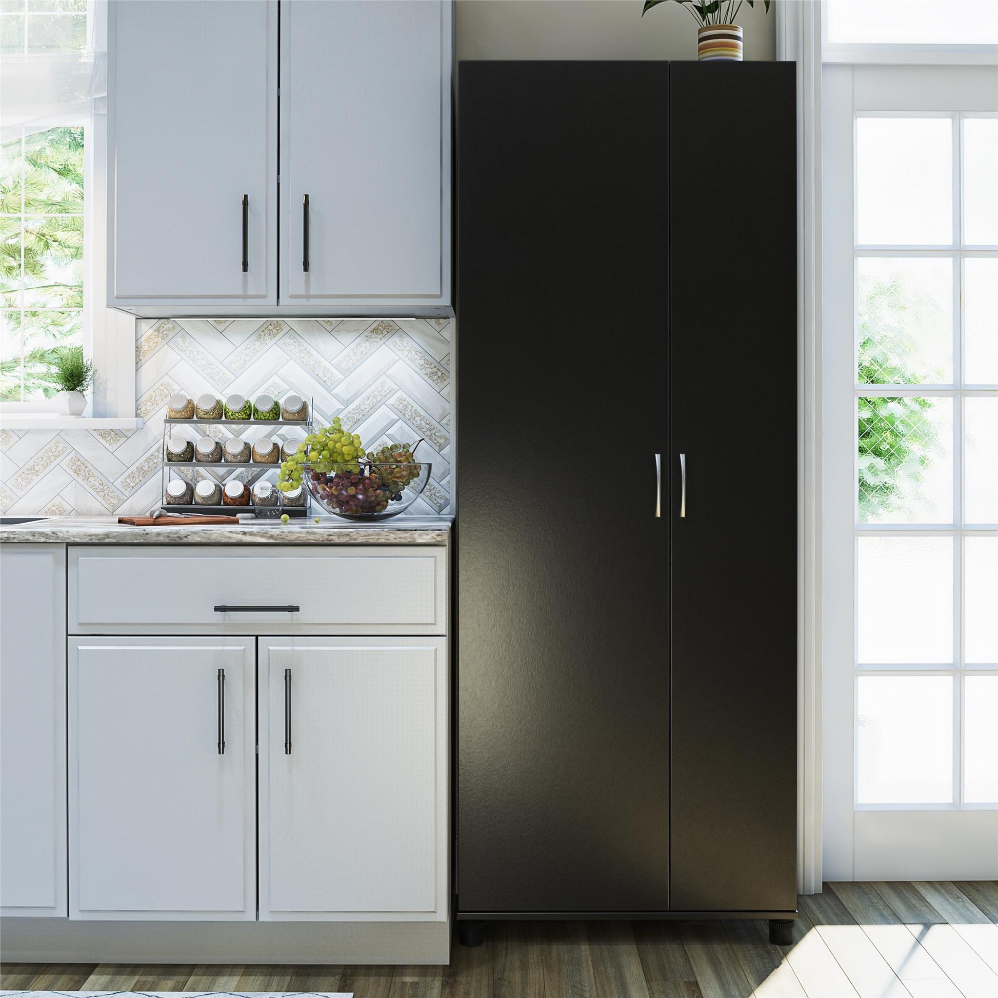 Basin Tall Asymmetrical Storage Cabinet with Adjustable Shelving and Feet - Black