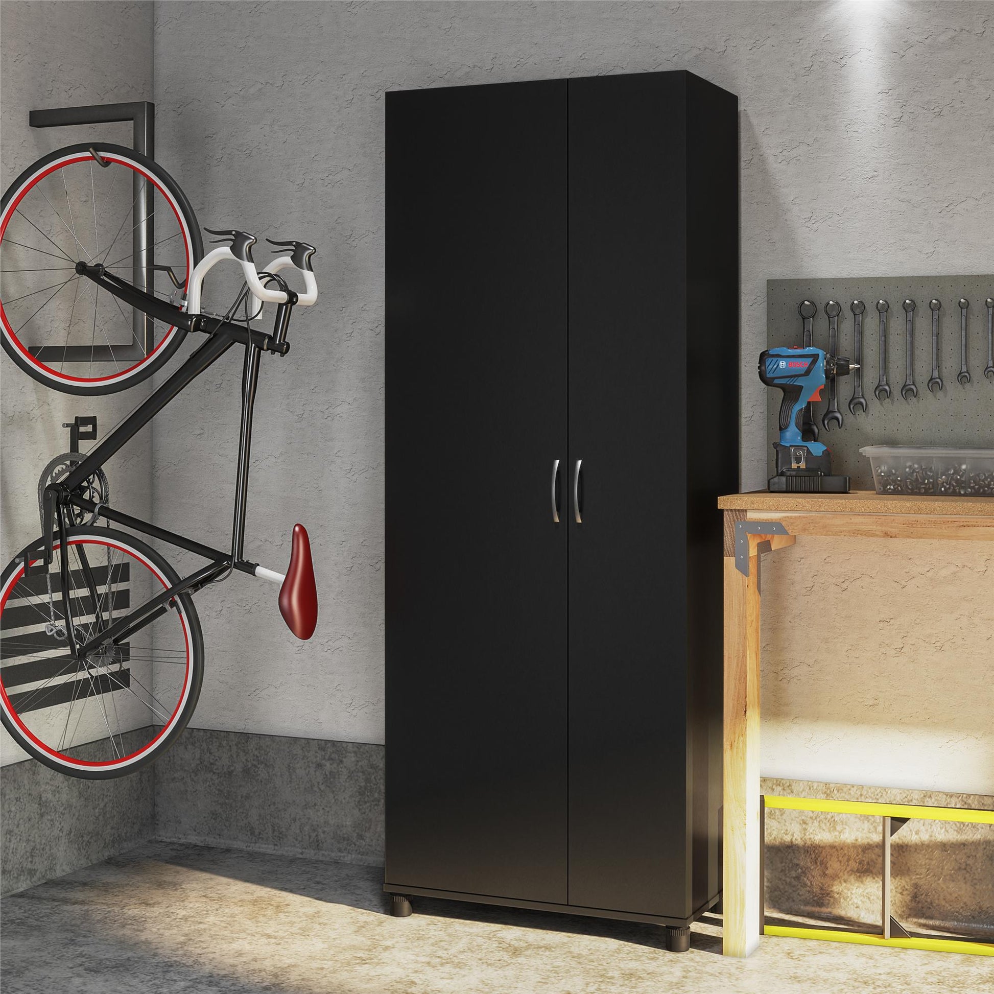 Basin Tall Asymmetrical Storage Cabinet with Adjustable Shelving and Feet - Black