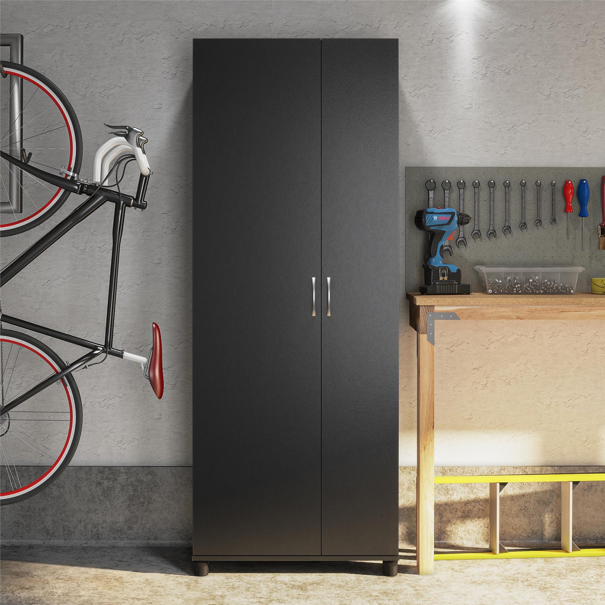 Basin Tall Asymmetrical Storage Cabinet with Adjustable Shelving and Feet - Black