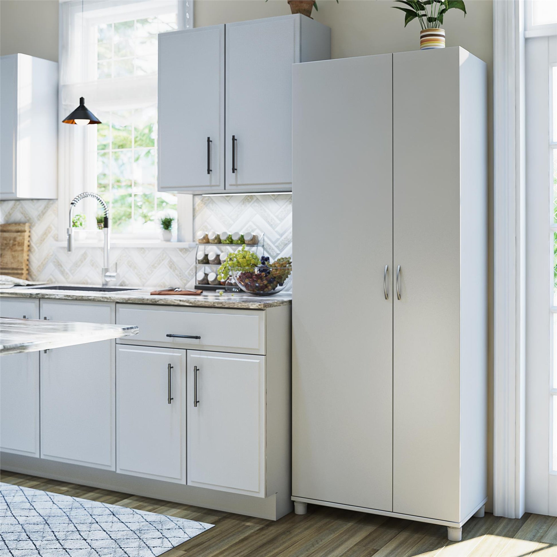 Basin Tall Asymmetrical Storage Cabinet with Adjustable Shelving and Feet - Dove Gray