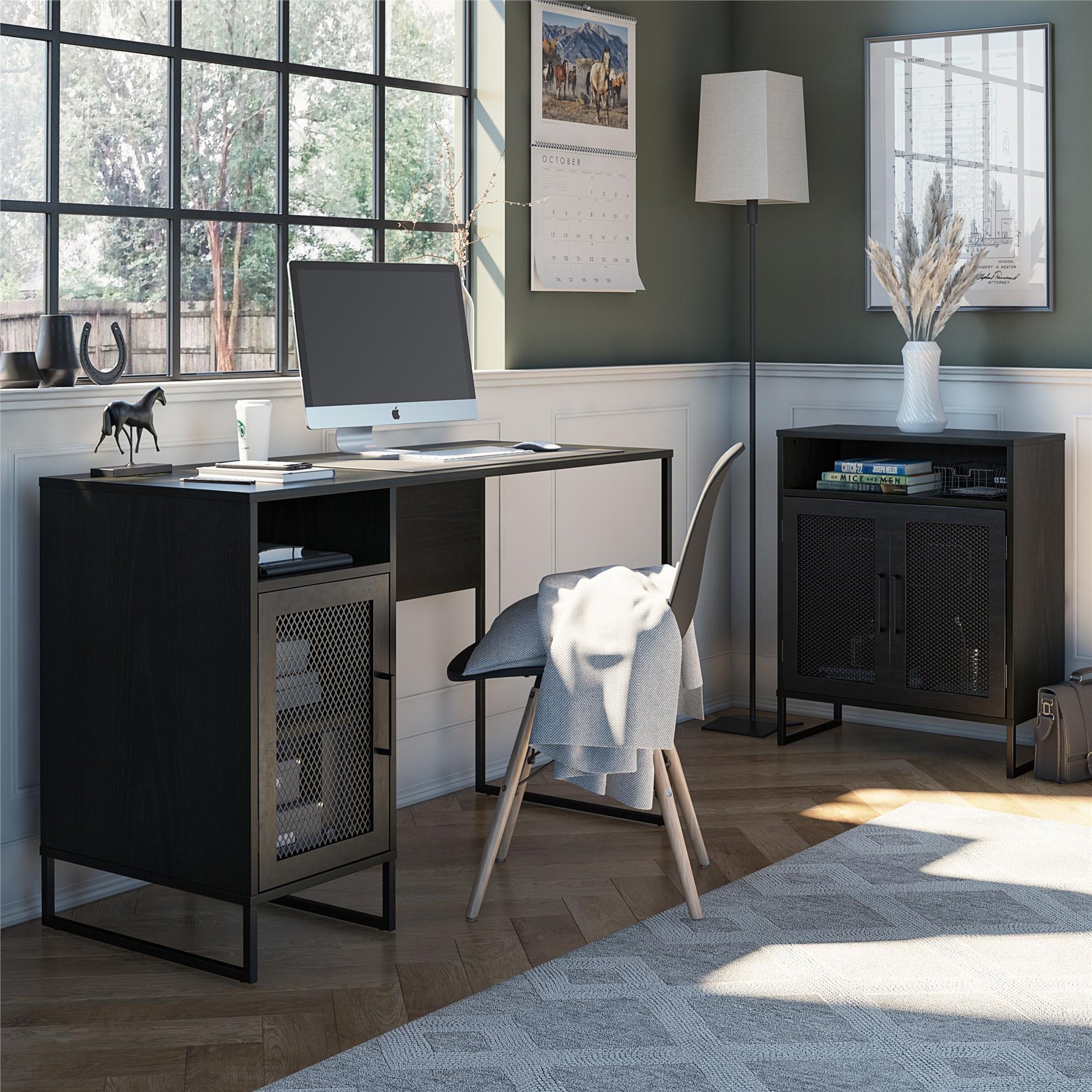 Purdue 3 Shelf Storage Cabinet with 2 Mesh Doors - Black Oak
