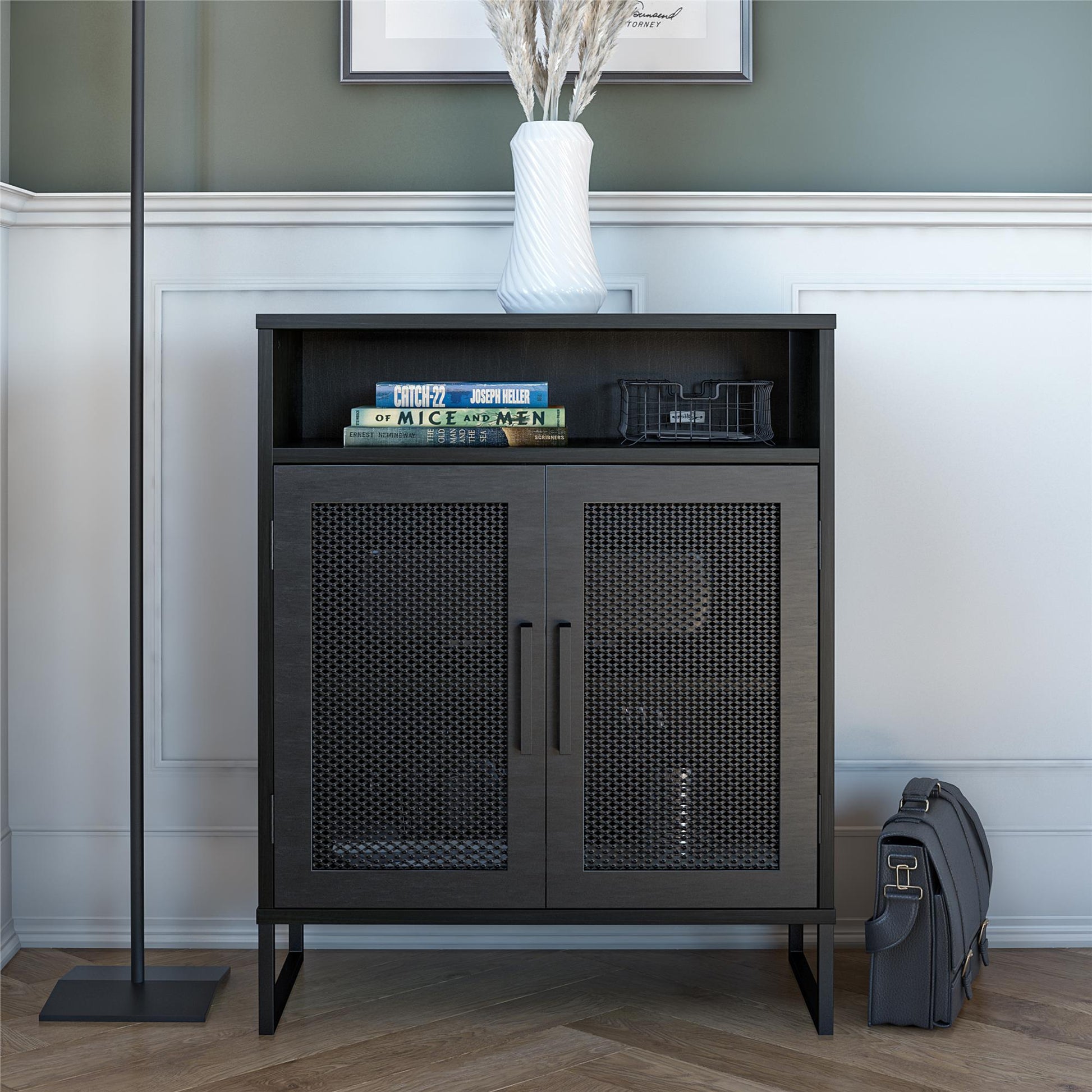 Purdue 3 Shelf Storage Cabinet with 2 Mesh Doors - Black Oak