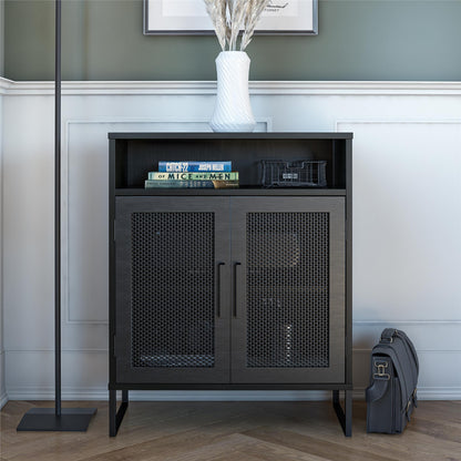 Purdue 3 Shelf Storage Cabinet with 2 Mesh Doors - Black Oak