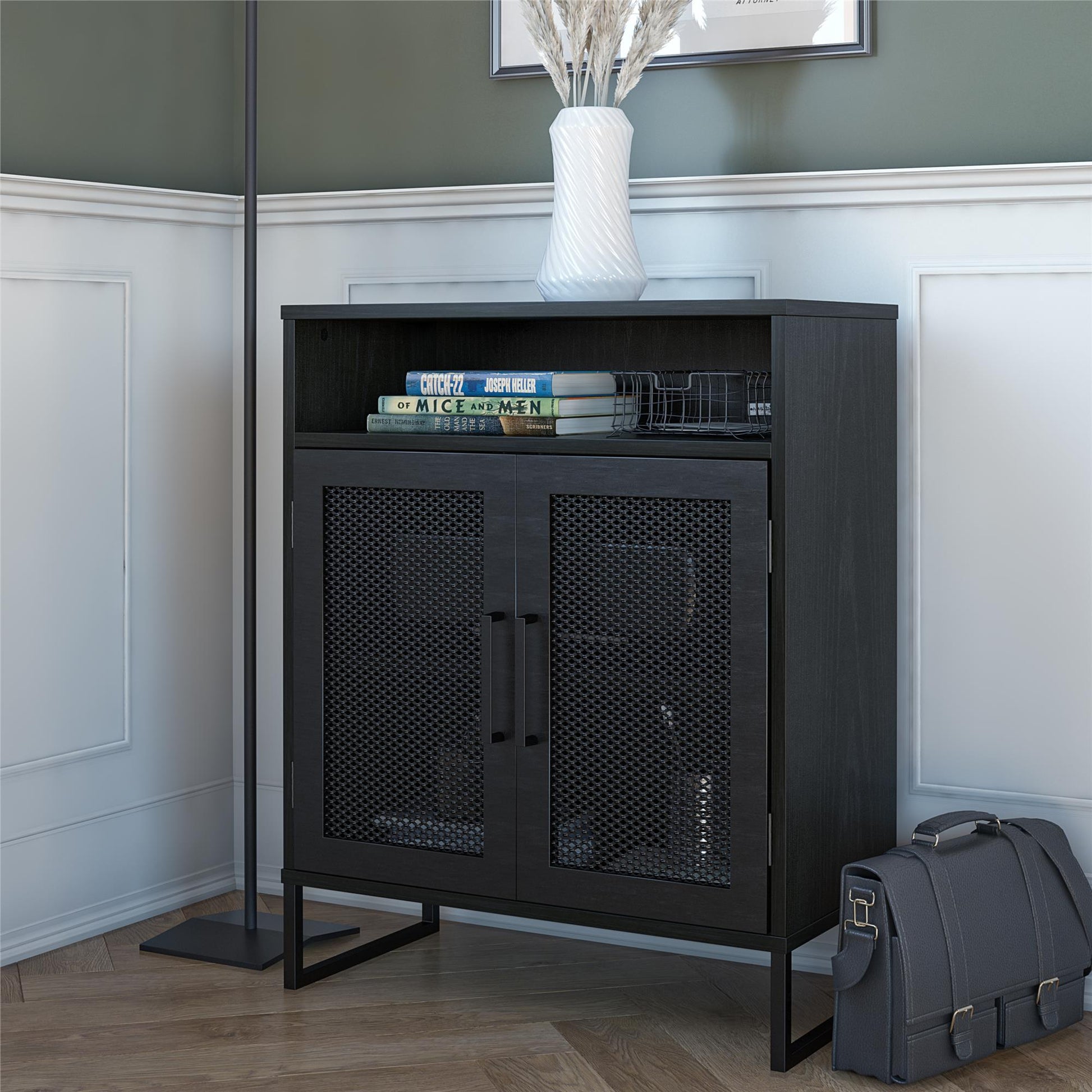 Purdue 3 Shelf Storage Cabinet with 2 Mesh Doors - Black Oak