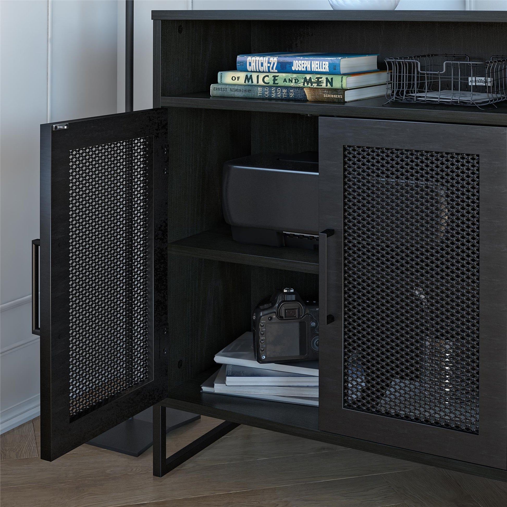 Purdue 3 Shelf Storage Cabinet with 2 Mesh Doors - Black Oak