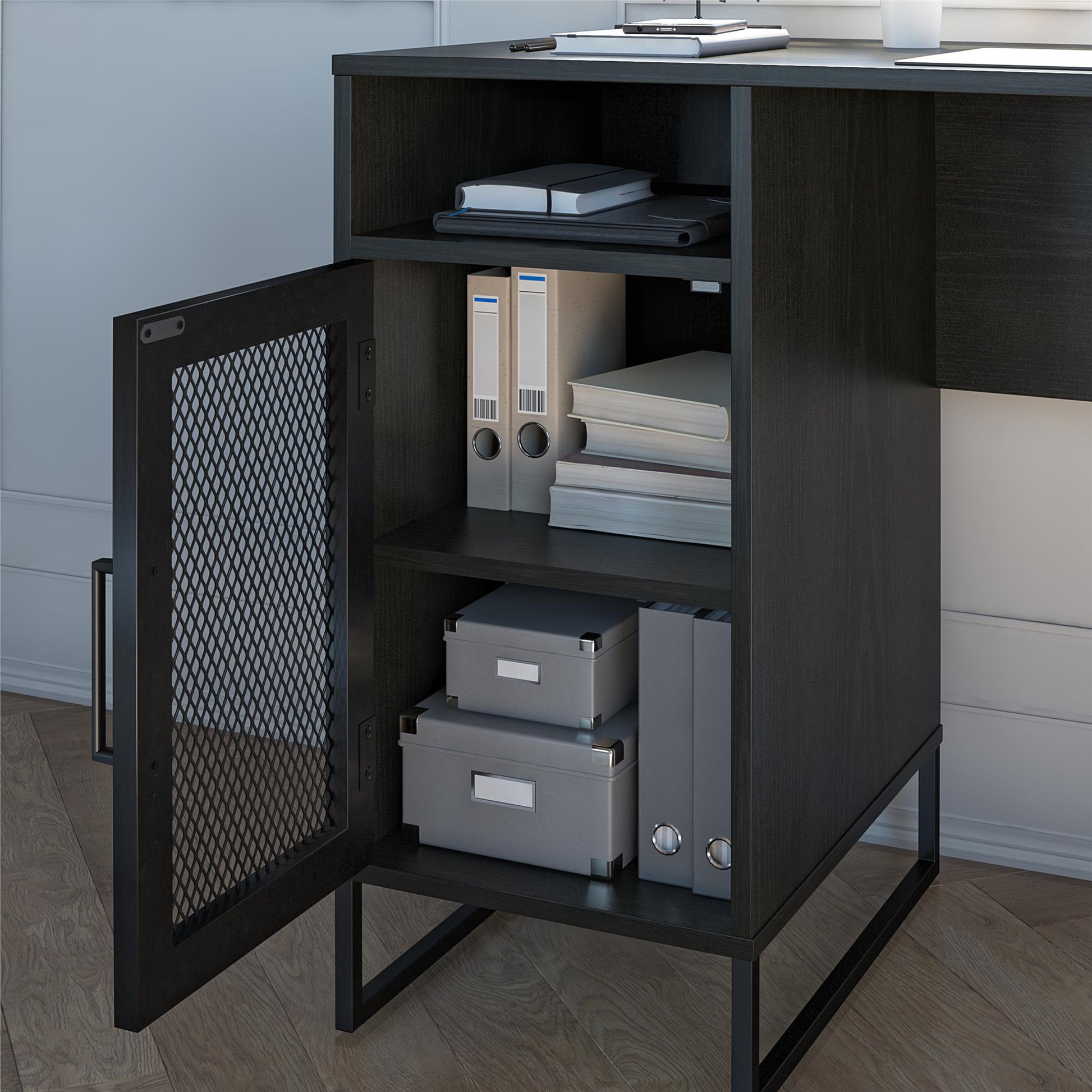 Purdue Single Pedestal Computer Desk with Mesh Door - Black Oak