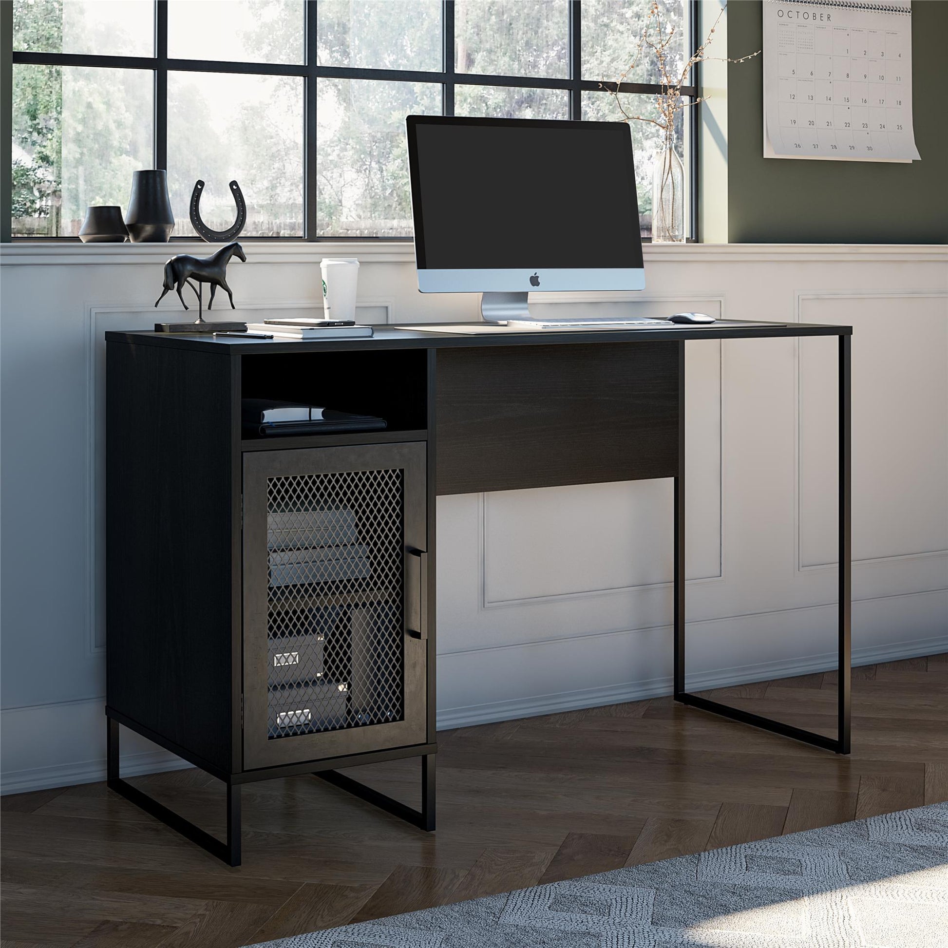 Purdue Single Pedestal Computer Desk with Mesh Door - Black Oak