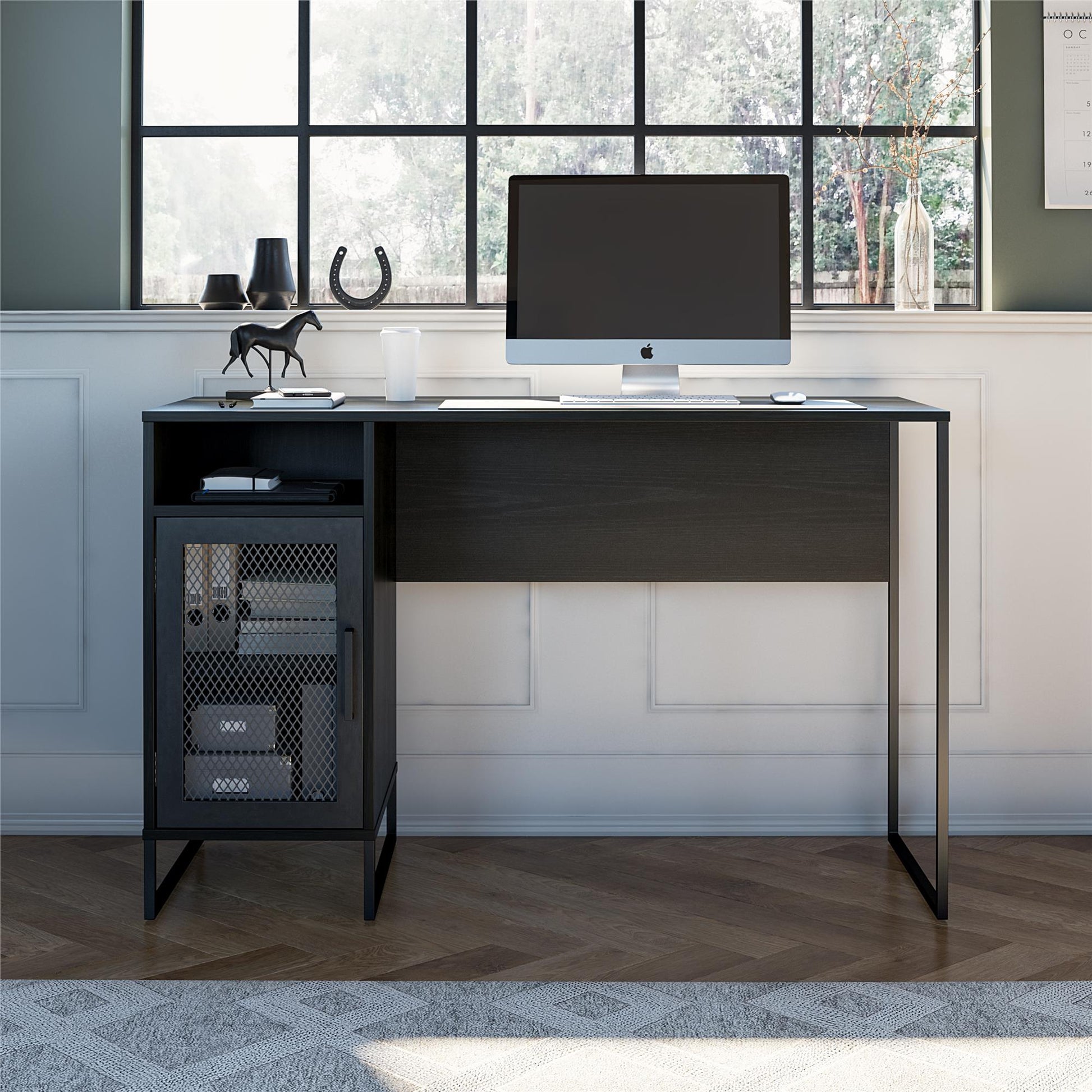 Purdue Single Pedestal Computer Desk with Mesh Door - Black Oak