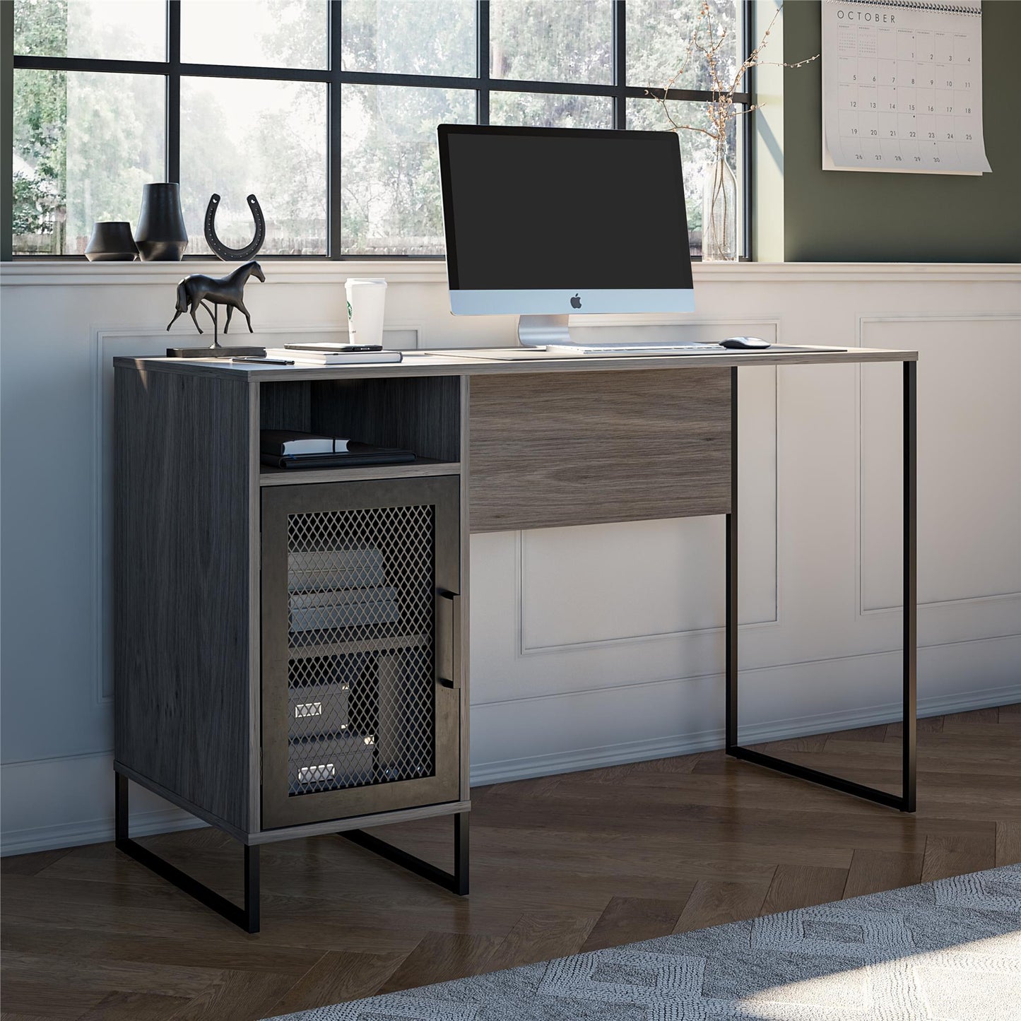 Purdue Single Pedestal Computer Desk with Mesh Door - Gray Oak