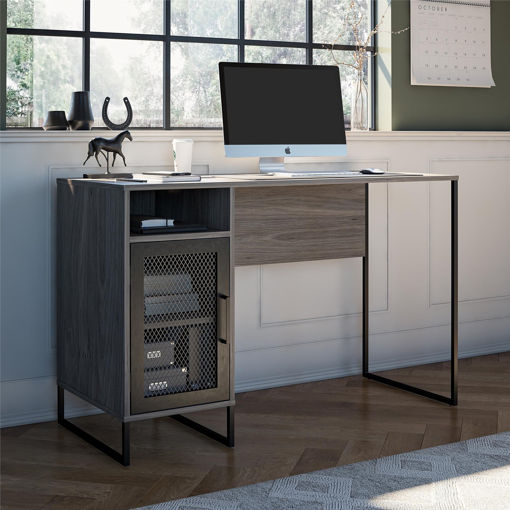 Purdue Single Pedestal Computer Desk with Mesh Door - Gray Oak