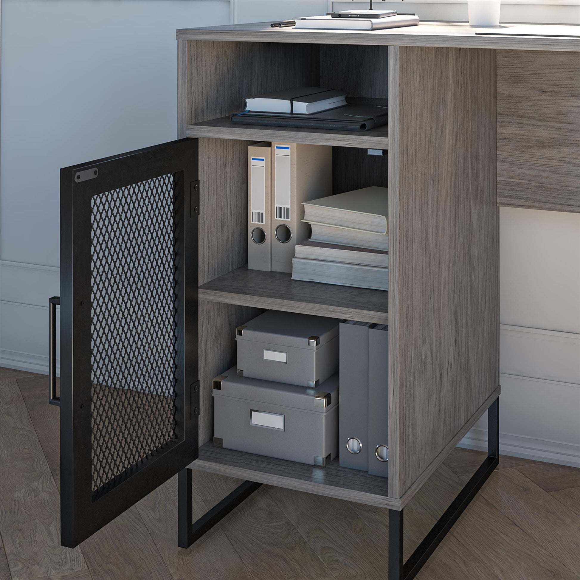Purdue Single Pedestal Computer Desk with Mesh Door - Gray Oak
