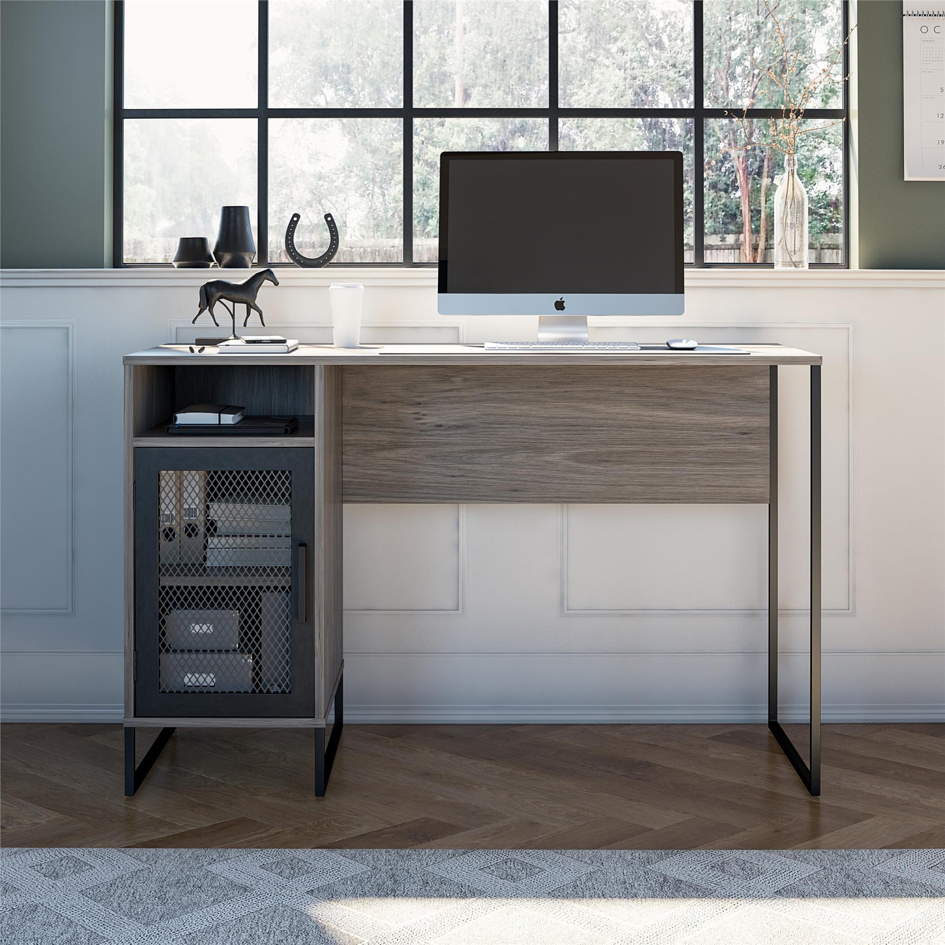 Purdue Single Pedestal Computer Desk with Mesh Door - Black Oak