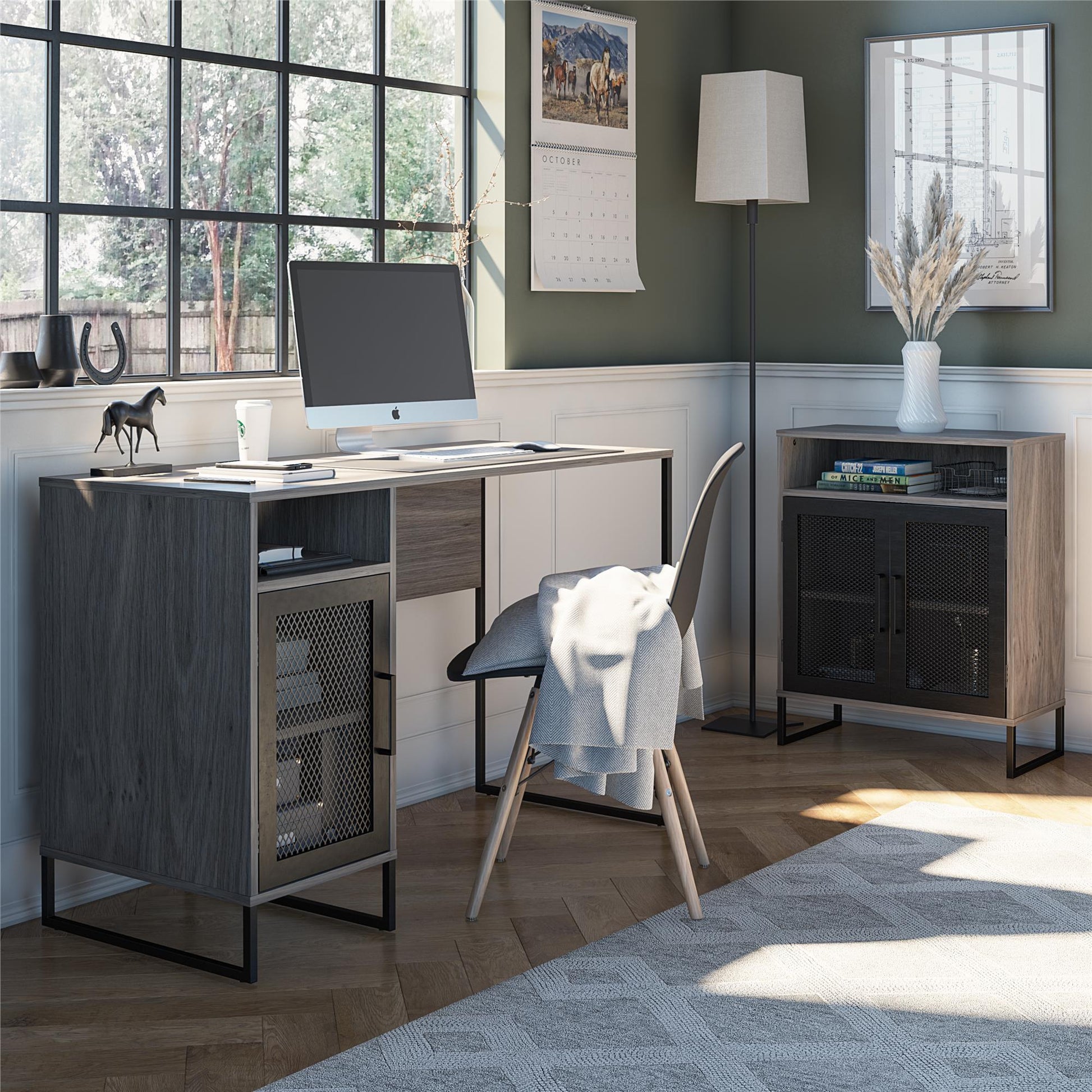 Purdue Single Pedestal Computer Desk with Mesh Door - Gray Oak