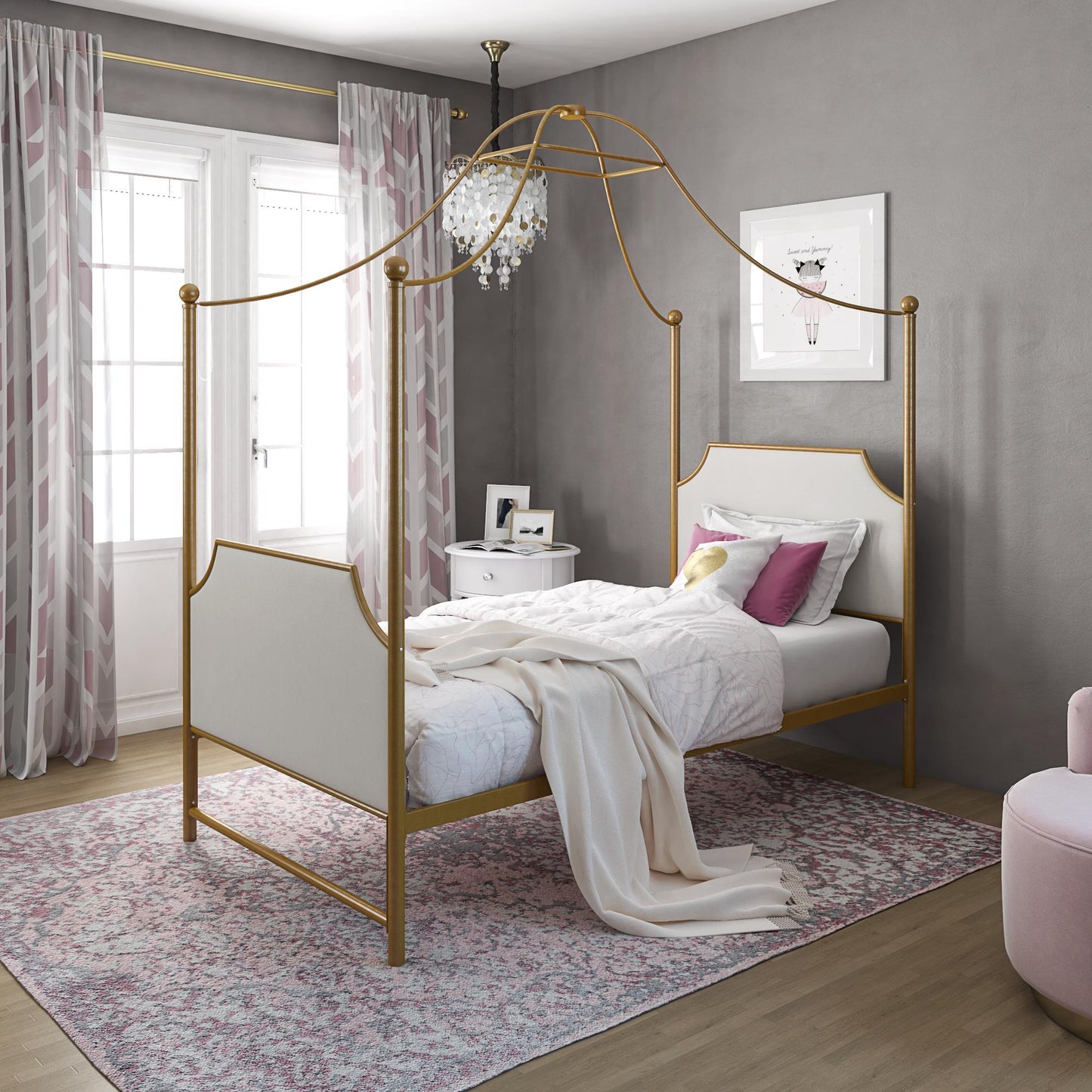 Monarch Hill Clementine Canopy Bed with Linen Headboard and Footboard - Gold - Twin