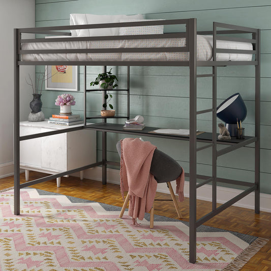 Maxwell Metal Full Loft Bed with Desk & Shelves - Gray - Full
