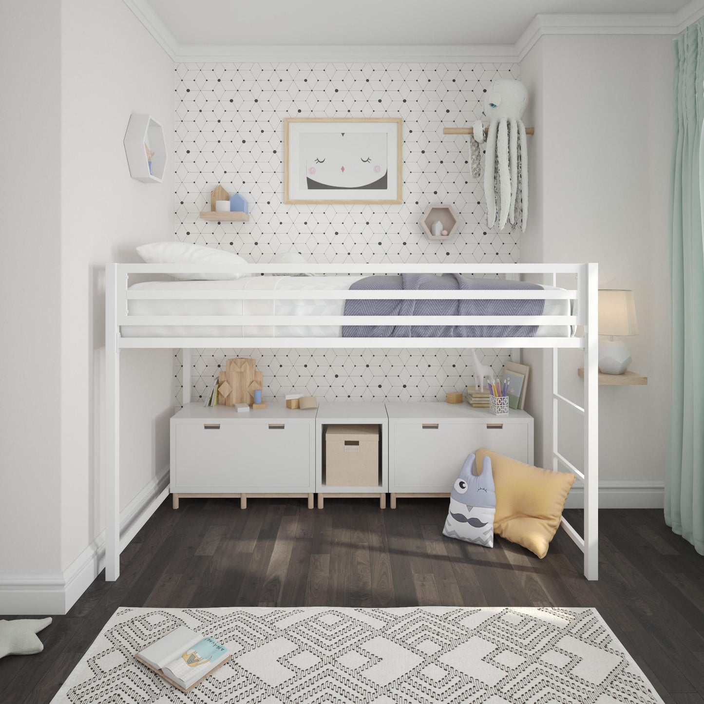 Miles Metal Junior Twin Loft Bed with Integrated Ladder - White - Twin