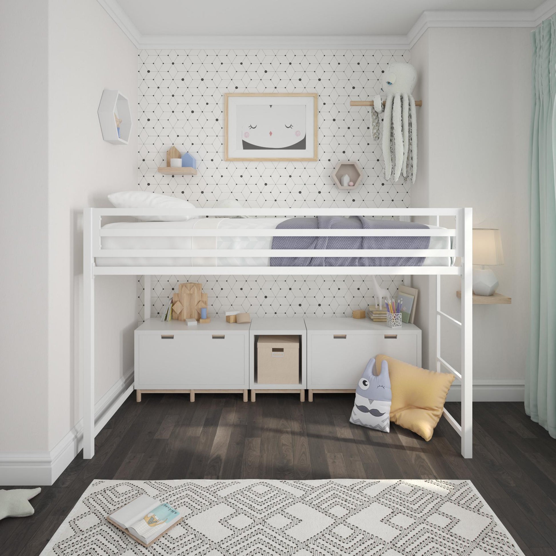 Miles Metal Junior Twin Loft Bed with Integrated Ladder - White - Twin