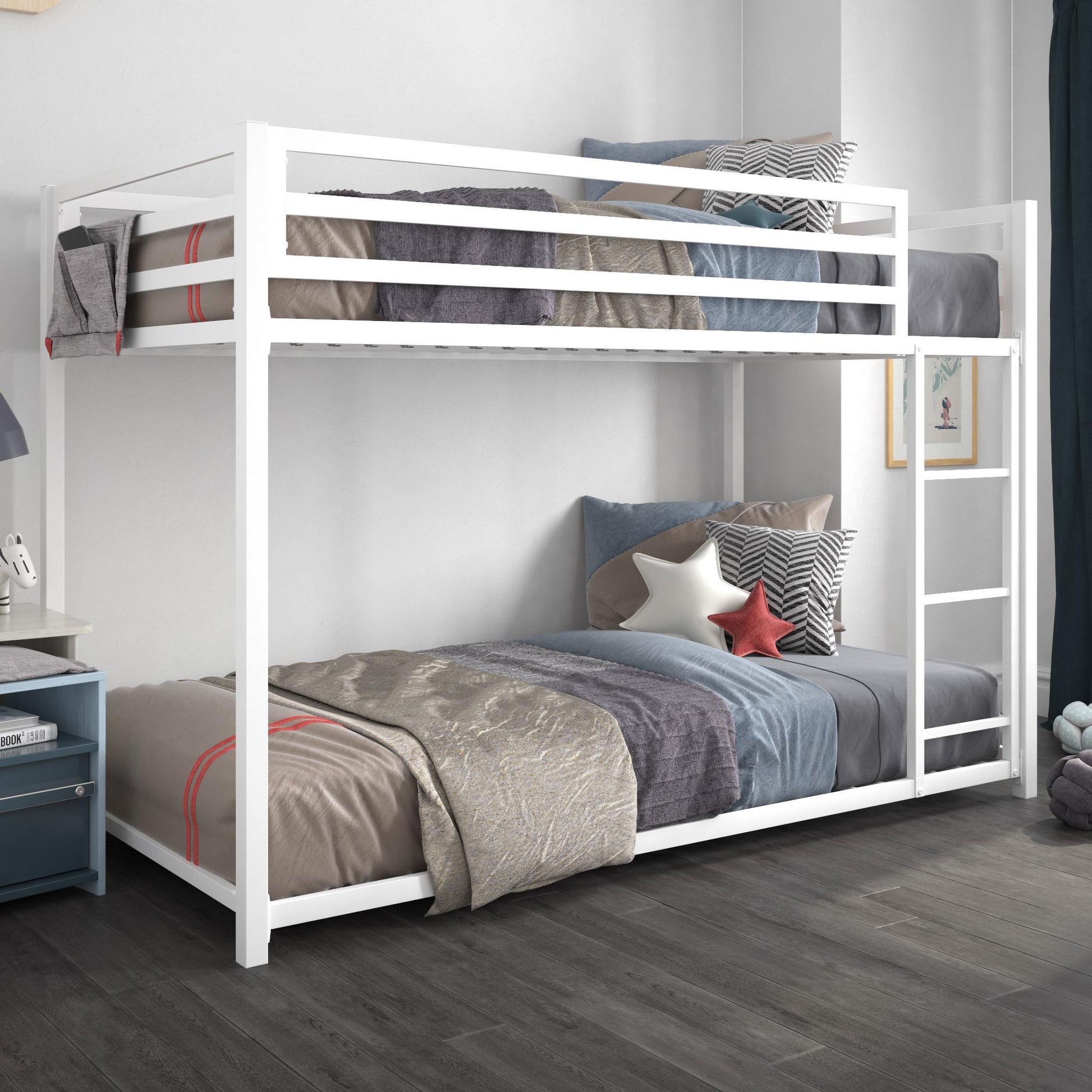 Miles Twin Over Twin Metal Bunk Bed with Secured Metal Slats and Integrated Ladder - White - Twin-Over-Twin