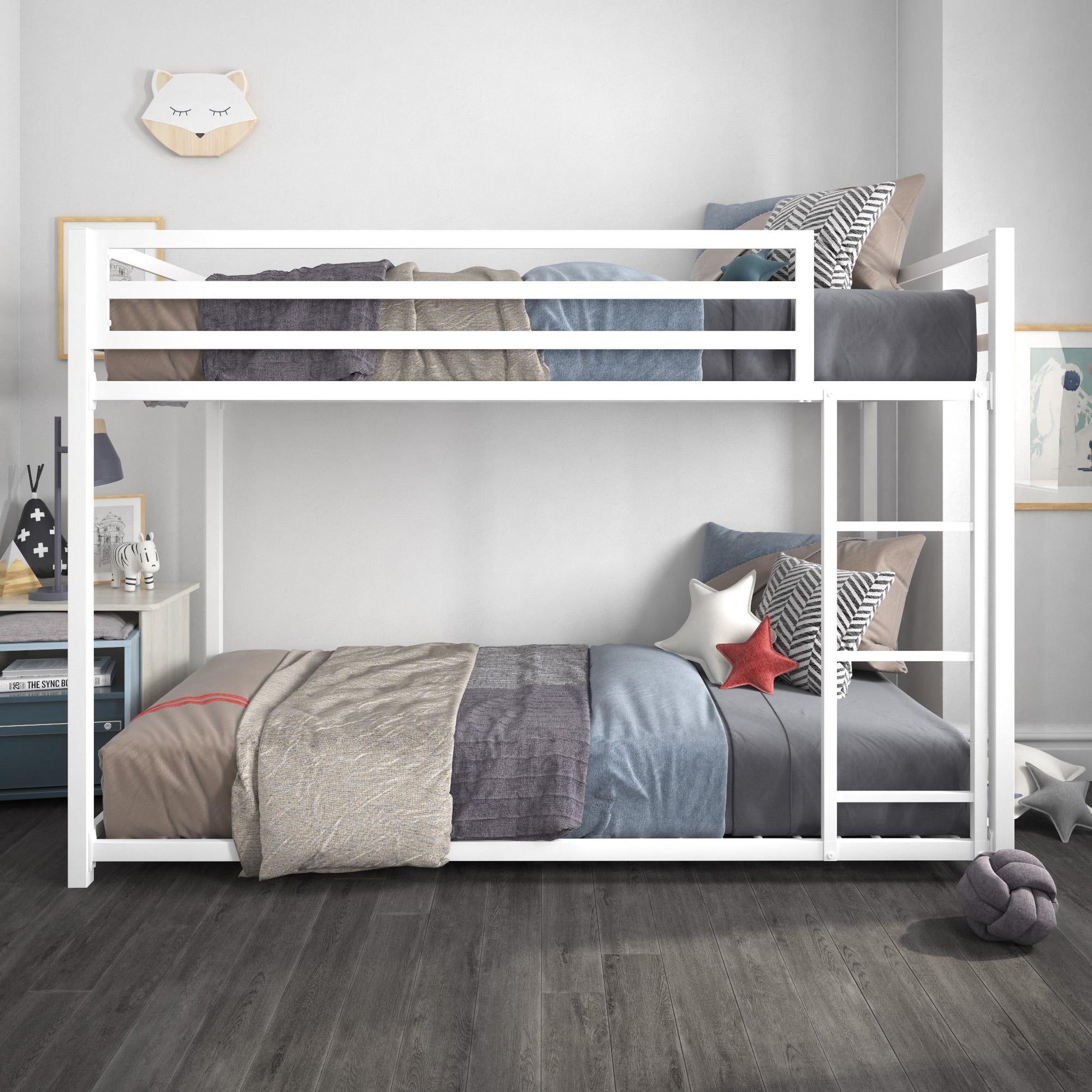Miles Twin Over Twin Metal Bunk Bed with Secured Metal Slats and Integrated Ladder - White - Twin-Over-Twin