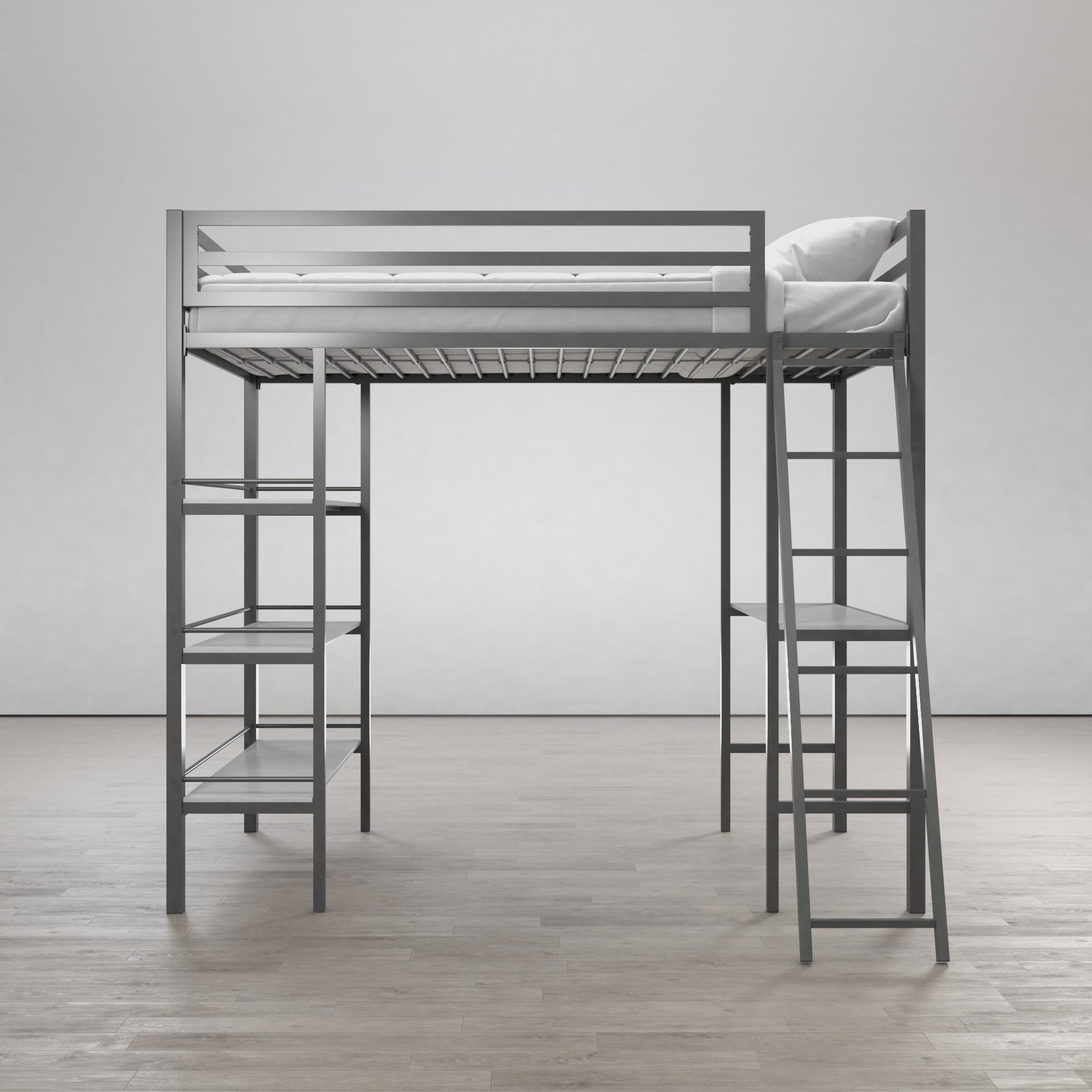 Nova Metal Loft Bed with Desk, 3 Shelves, Ladder and Full-Length Guardrails - Gray - Twin