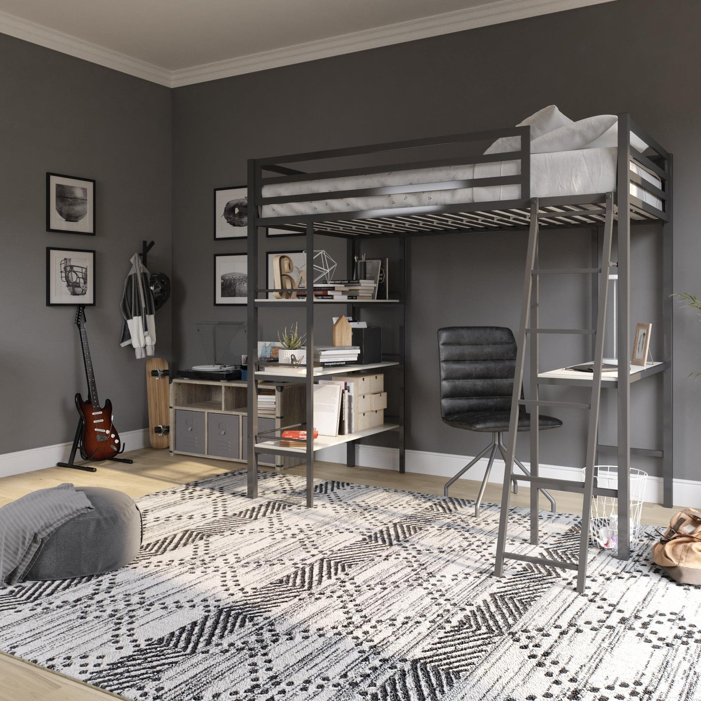 Nova Metal Loft Bed with Desk, 3 Shelves, Ladder and Full-Length Guardrails - Gray - Twin