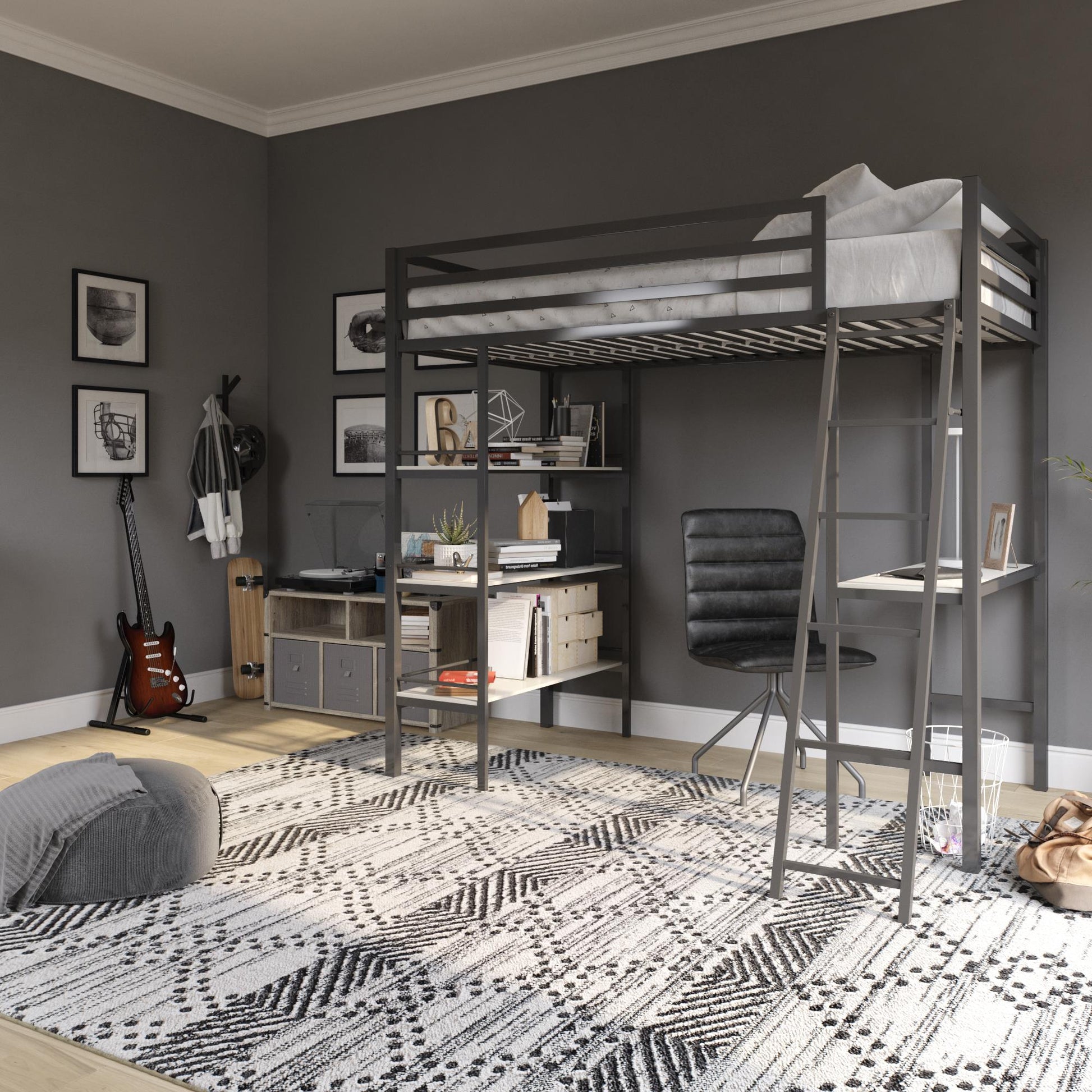Nova Metal Loft Bed with Desk, 3 Shelves, Ladder and Full-Length Guardrails - Gray - Twin