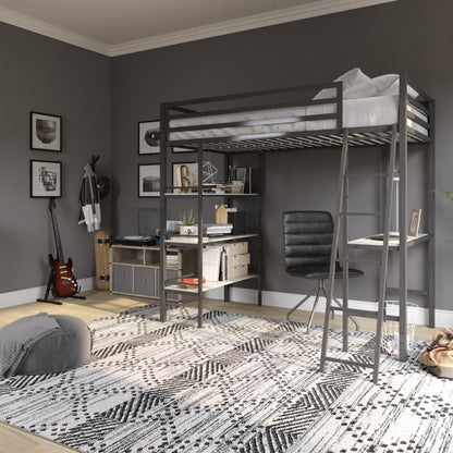 Nova Metal Loft Bed with Desk, 3 Shelves, Ladder and Full-Length Guardrails - Gray - Twin