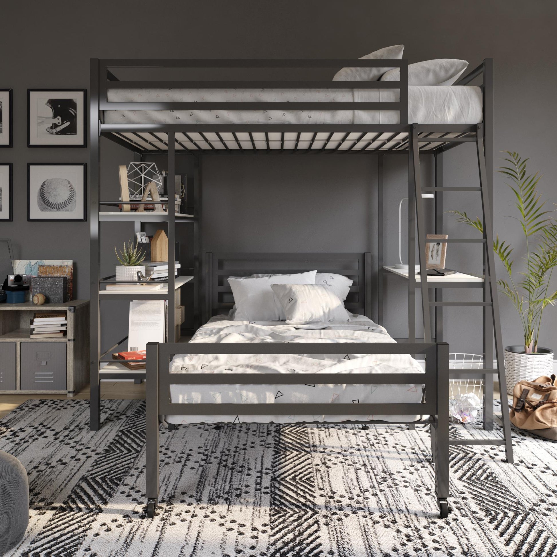 Nova Metal Loft Bed with Desk, 3 Shelves, Ladder and Full-Length Guardrails - Gray - Twin