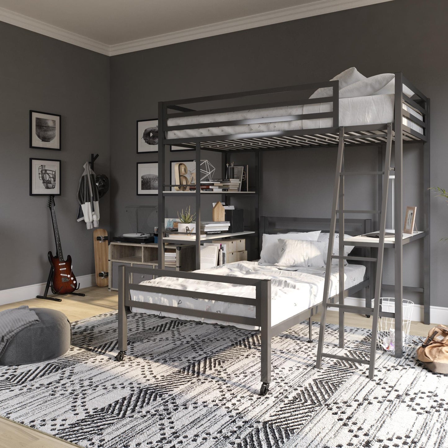 Nova Metal Loft Bed with Desk, 3 Shelves, Ladder and Full-Length Guardrails - Gray - Twin