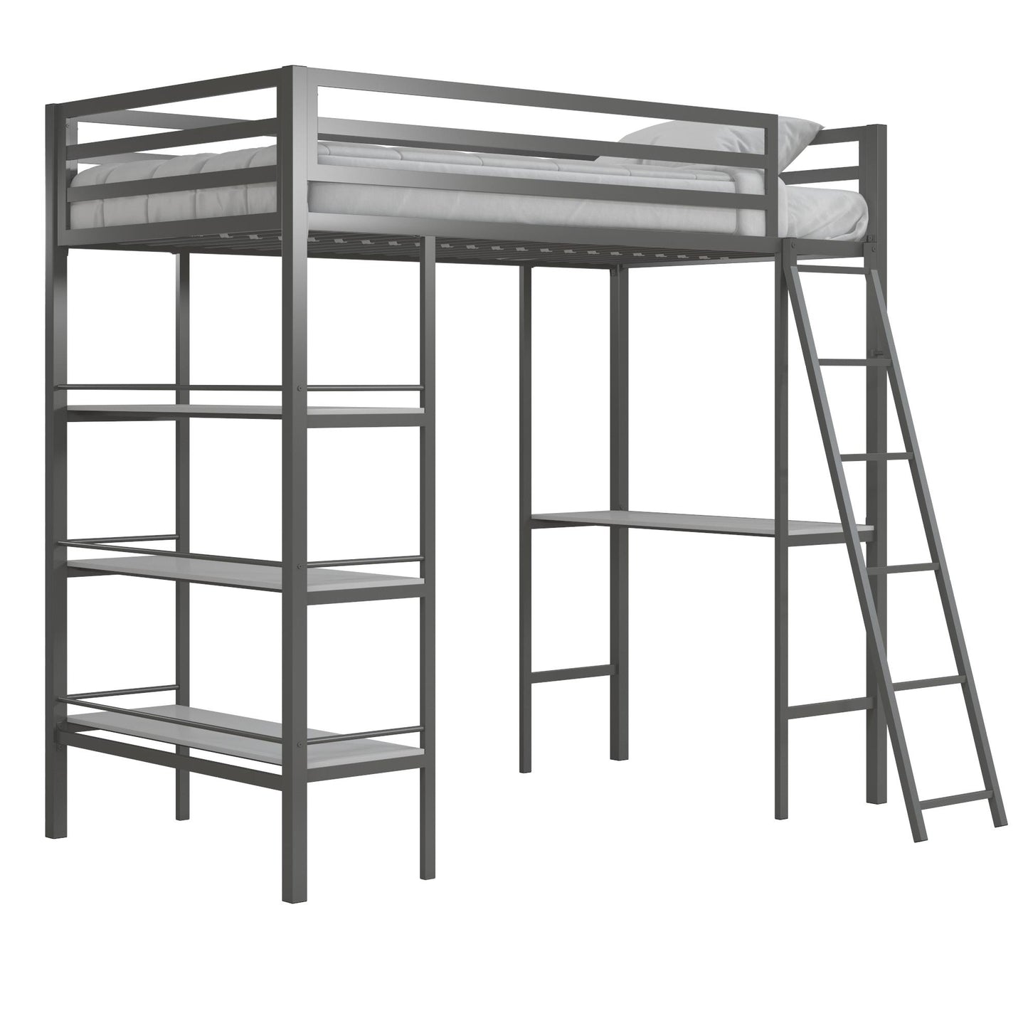 Nova Metal Loft Bed with Desk, 3 Shelves, Ladder and Full-Length Guardrails - Gray - Twin