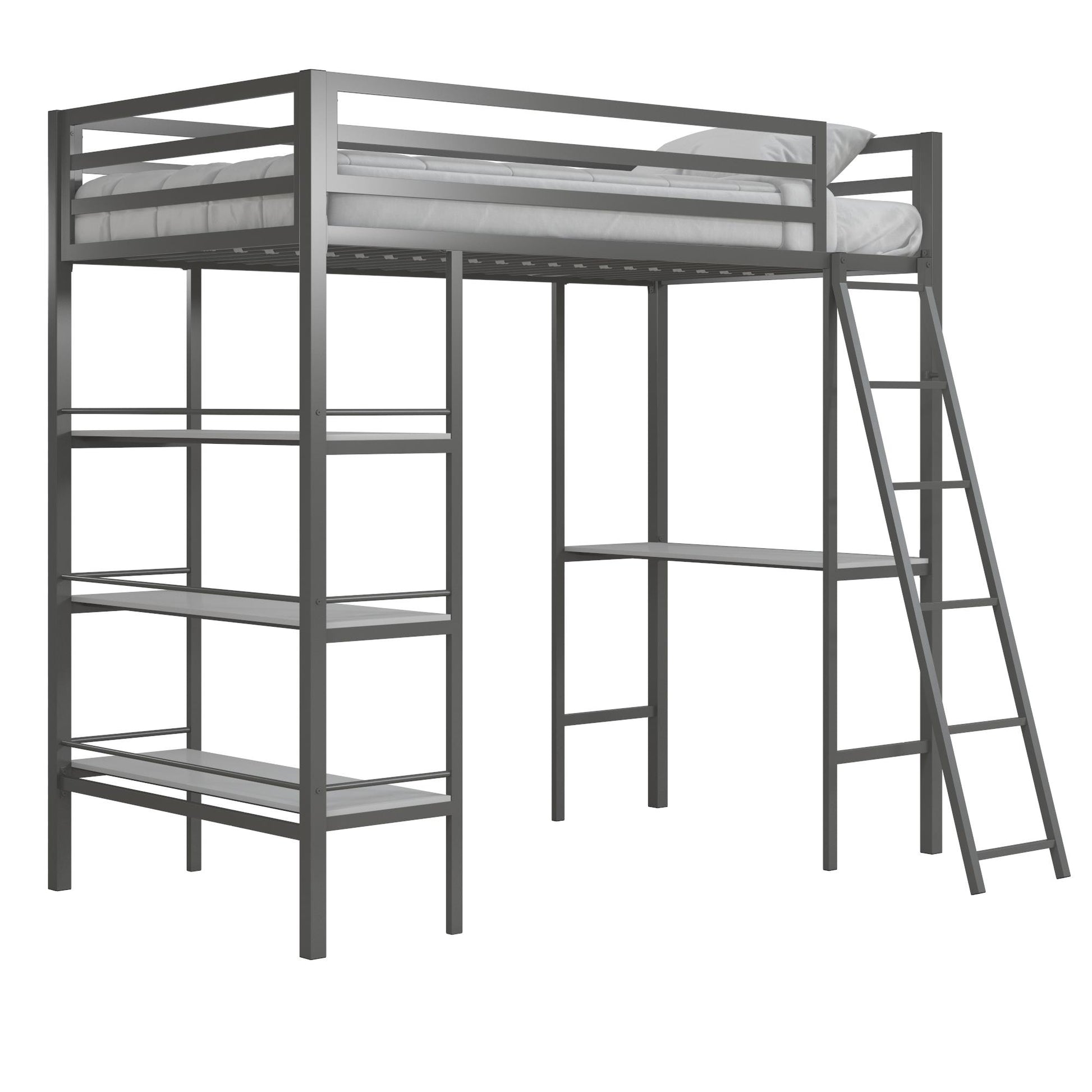 Nova Metal Loft Bed with Desk, 3 Shelves, Ladder and Full-Length Guardrails - Gray - Twin