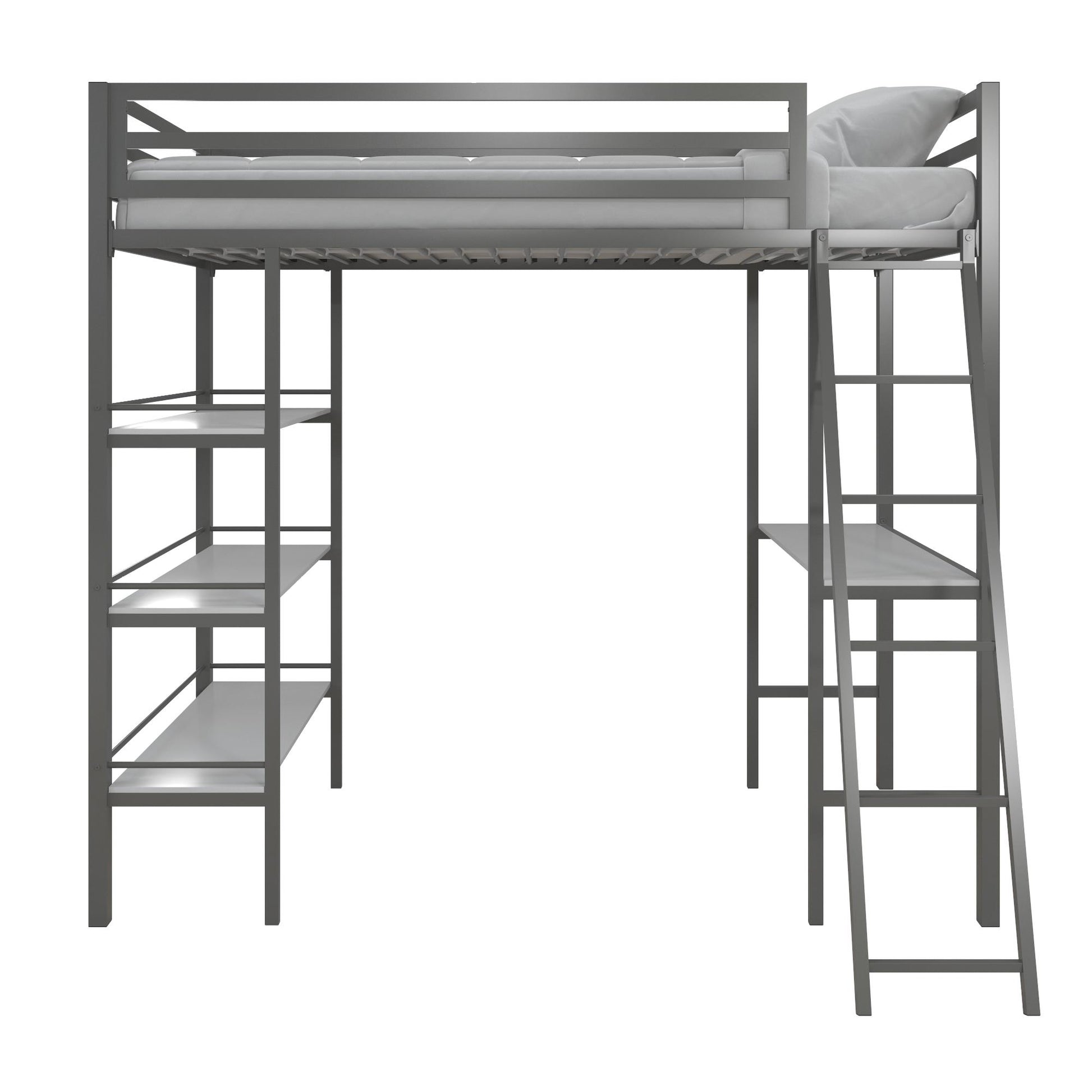Nova Metal Loft Bed with Desk, 3 Shelves, Ladder and Full-Length Guardrails - Gray - Twin