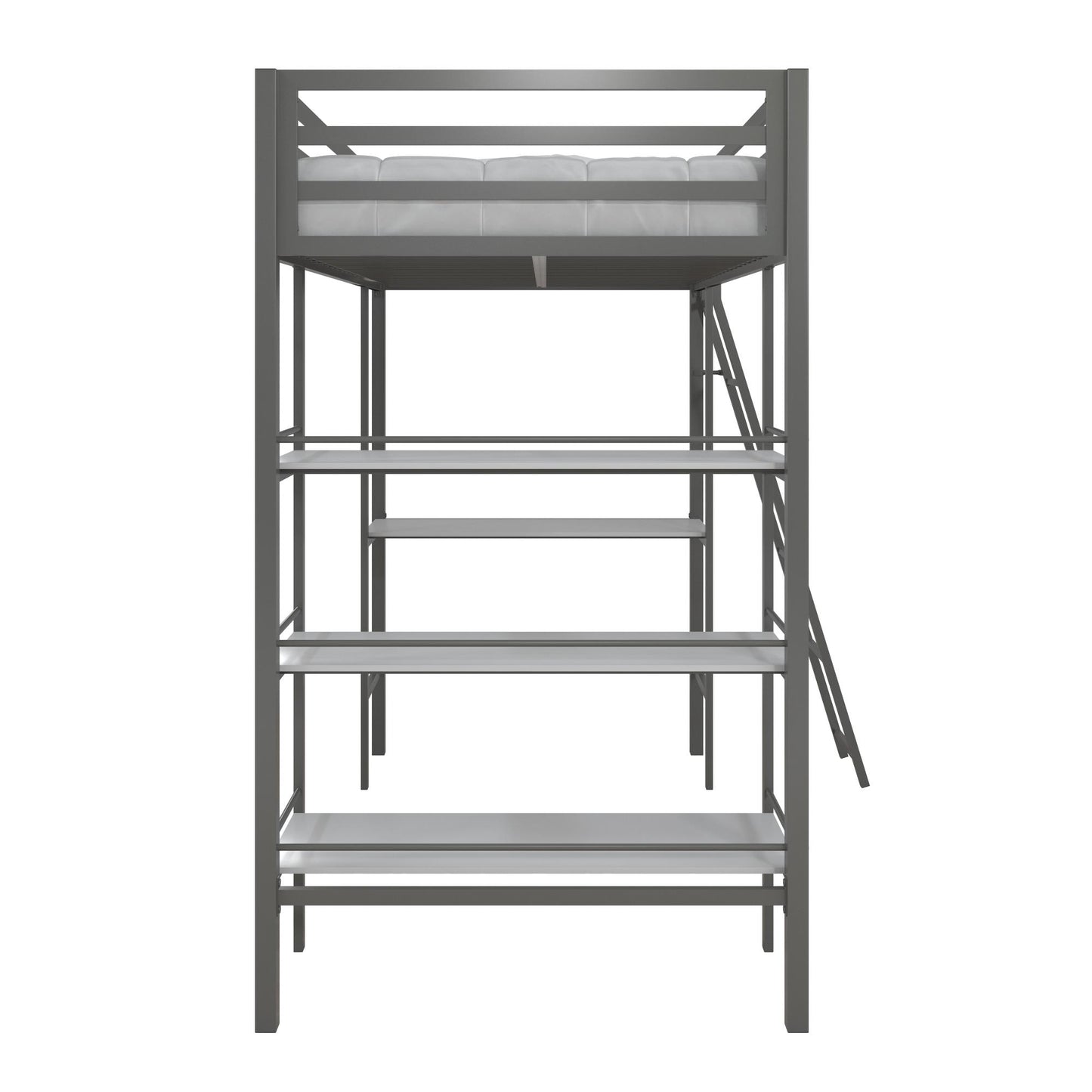 Nova Metal Loft Bed with Desk, 3 Shelves, Ladder and Full-Length Guardrails - Gray - Twin
