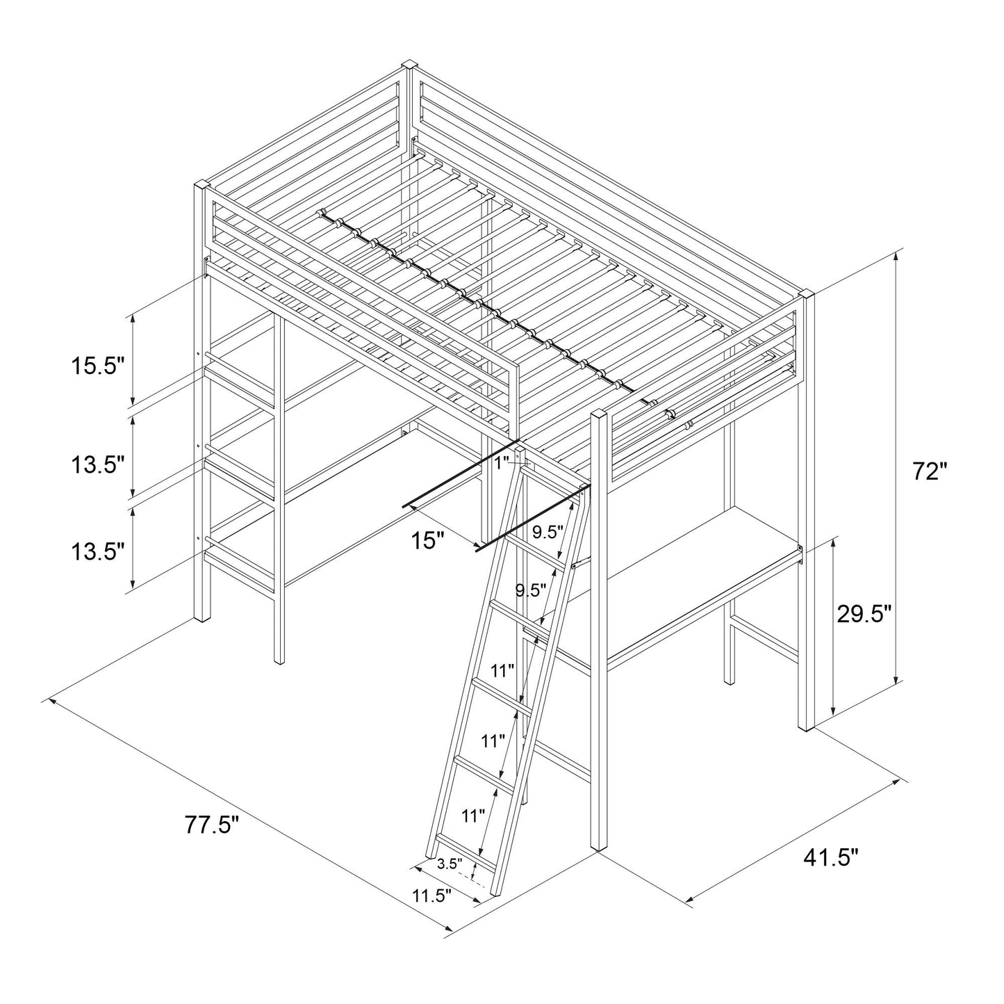 Nova Metal Loft Bed with Desk, 3 Shelves, Ladder and Full-Length Guardrails - Gray - Twin