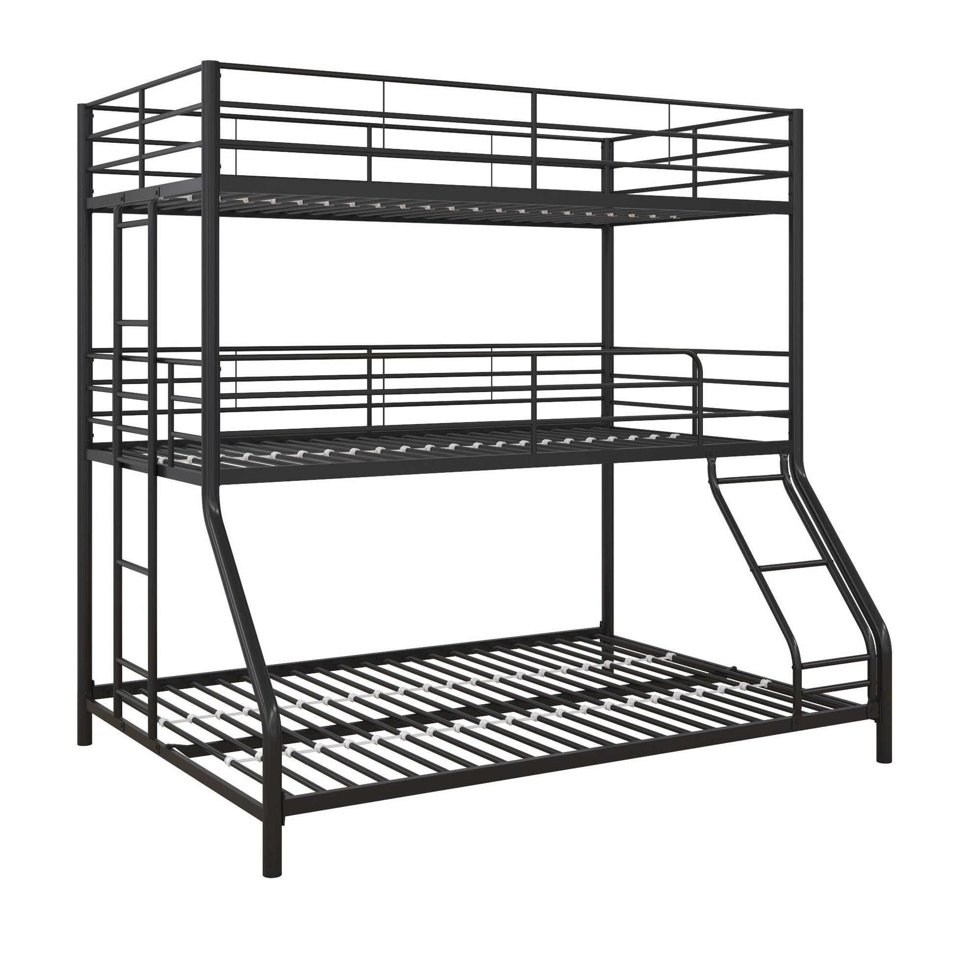 Metal Triple Bunk Bed with Metal Slats and 2 Integrated Ladders - Black - Twin-Over-Full