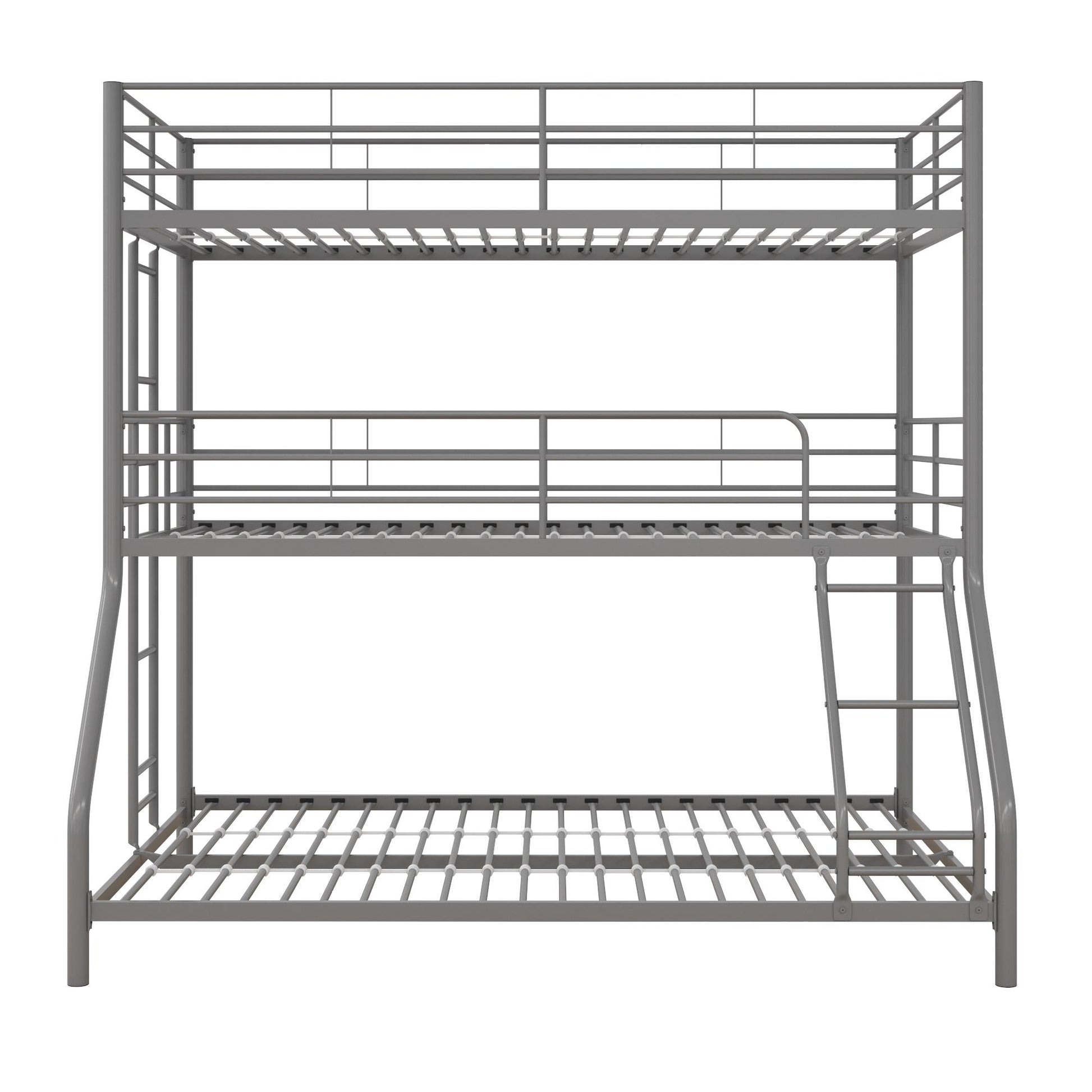 Metal Triple Bunk Bed with Metal Slats and 2 Integrated Ladders - Silver - Twin-Over-Full