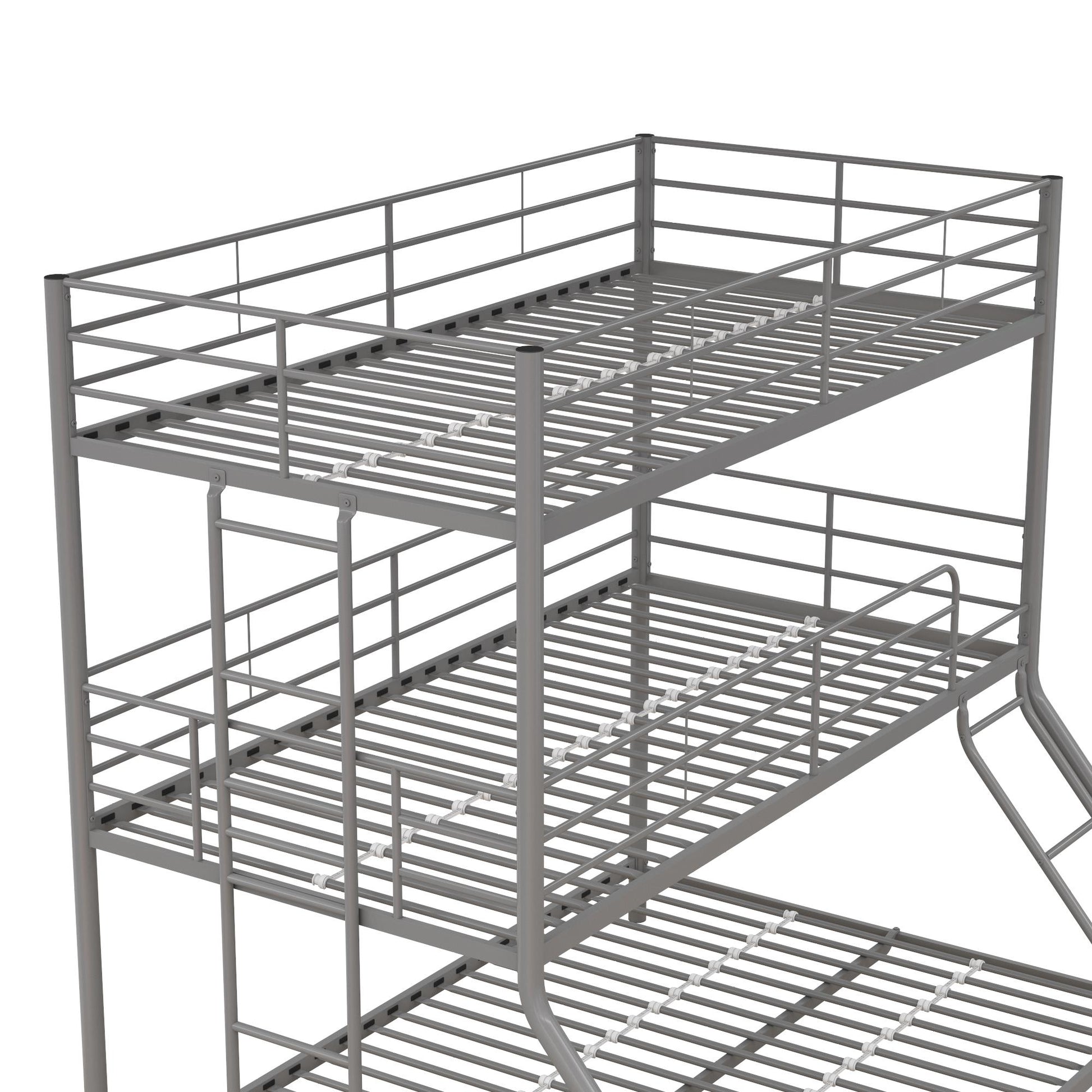 Metal Triple Bunk Bed with Metal Slats and 2 Integrated Ladders - Silver - Twin-Over-Full
