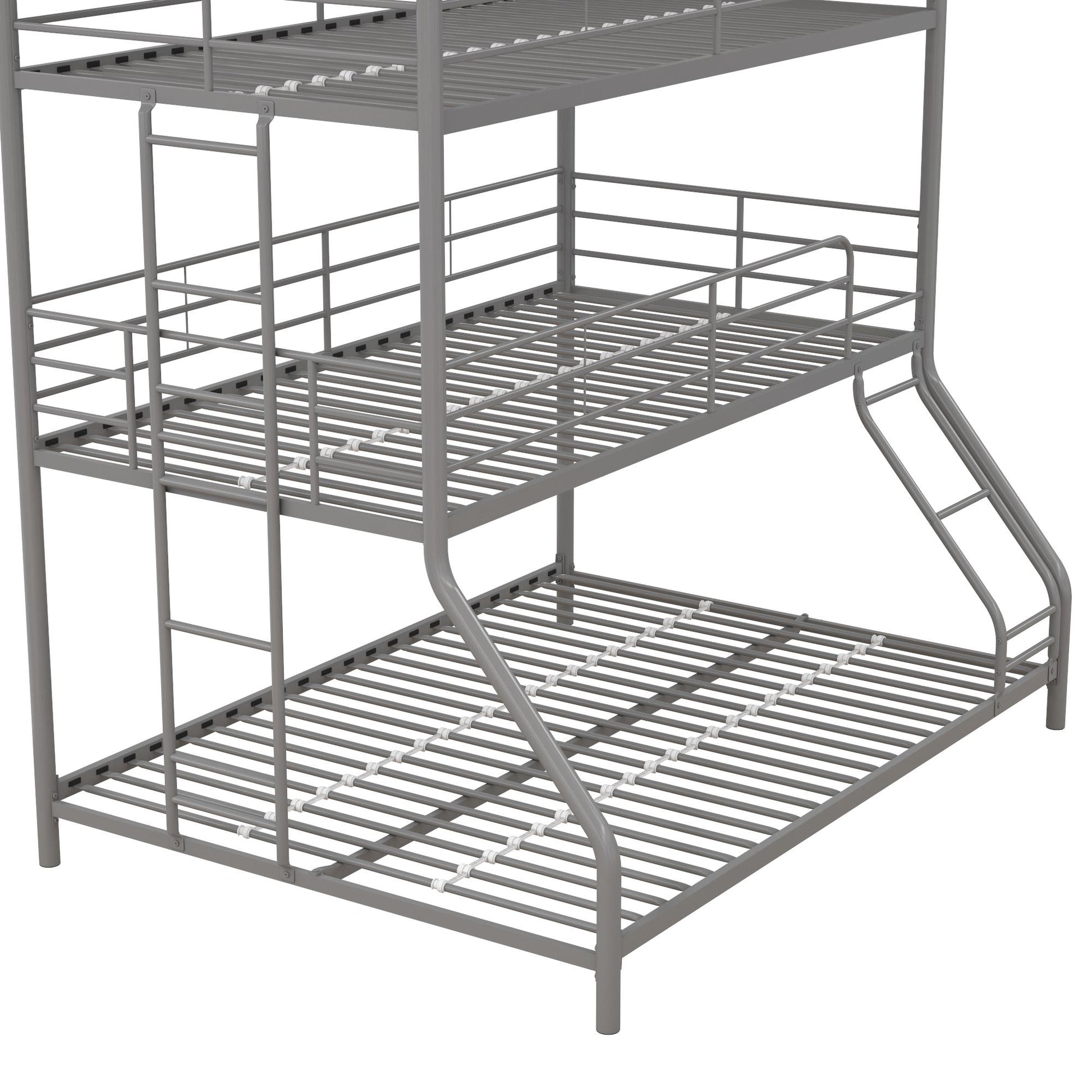 Metal Triple Bunk Bed with Metal Slats and 2 Integrated Ladders - Silver - Twin-Over-Full