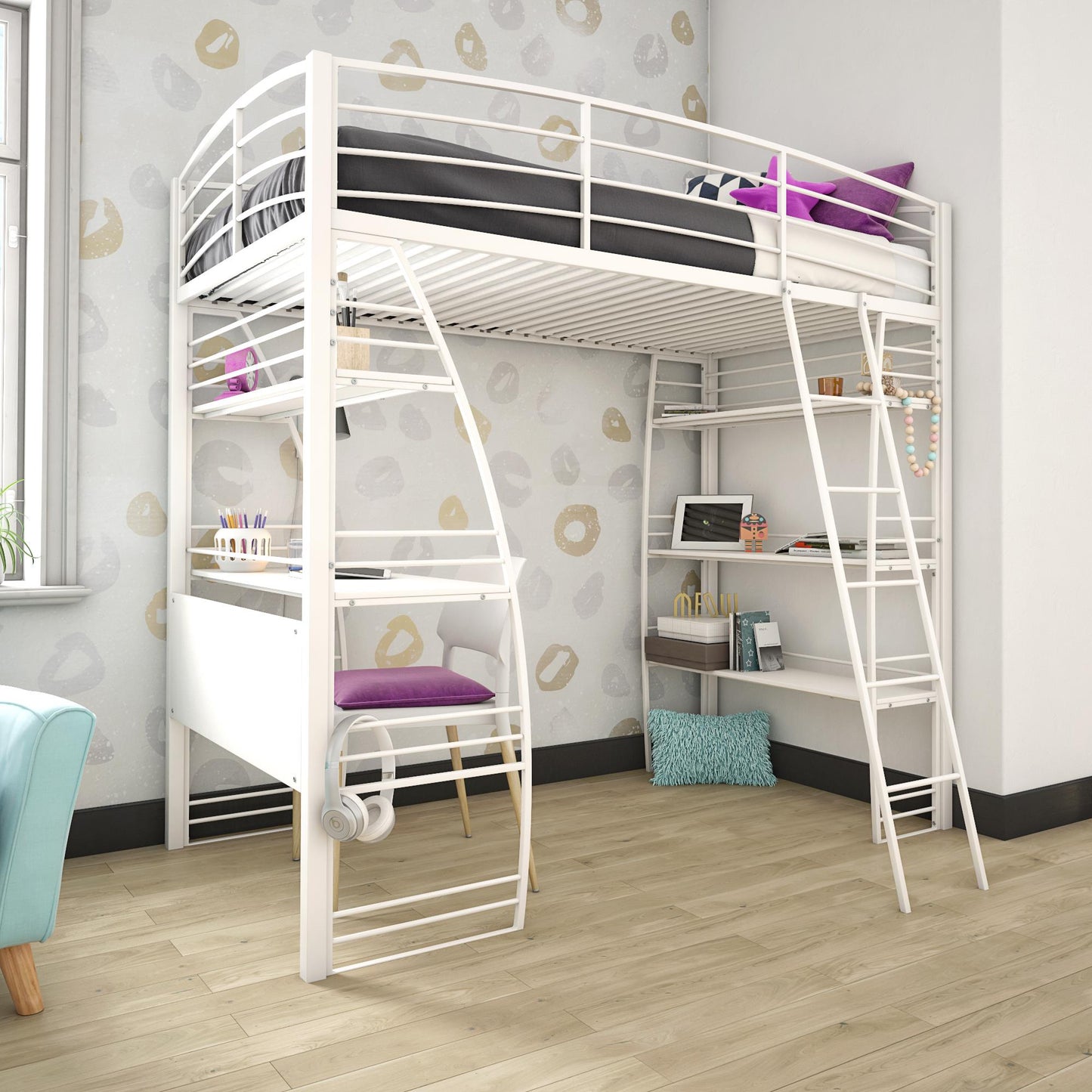 Sage Studio Twin Loft Bed with Integrated Desk and Shelves - White - Twin