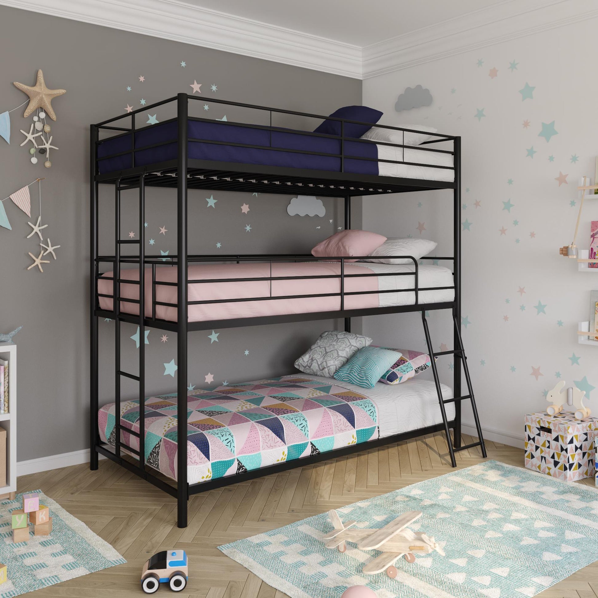 Metal Triple Bunk Bed with Metal Slats and 2 Integrated Ladders - White - Twin-Over-Full
