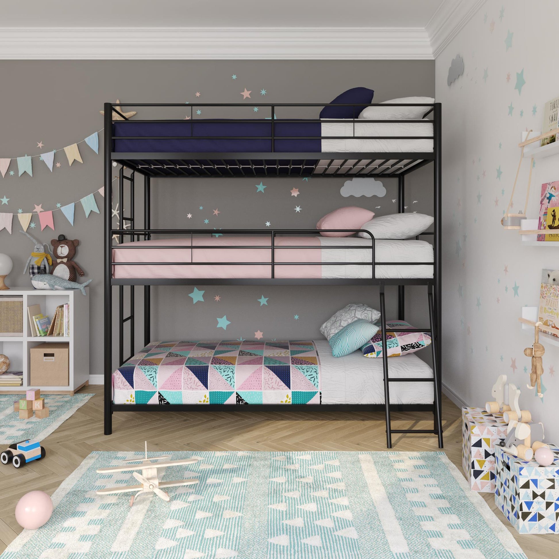 Everleigh Metal Triple Bunk Bed with Metal Slats and 2 Integrated Ladders - Black - Twin-Over-Twin