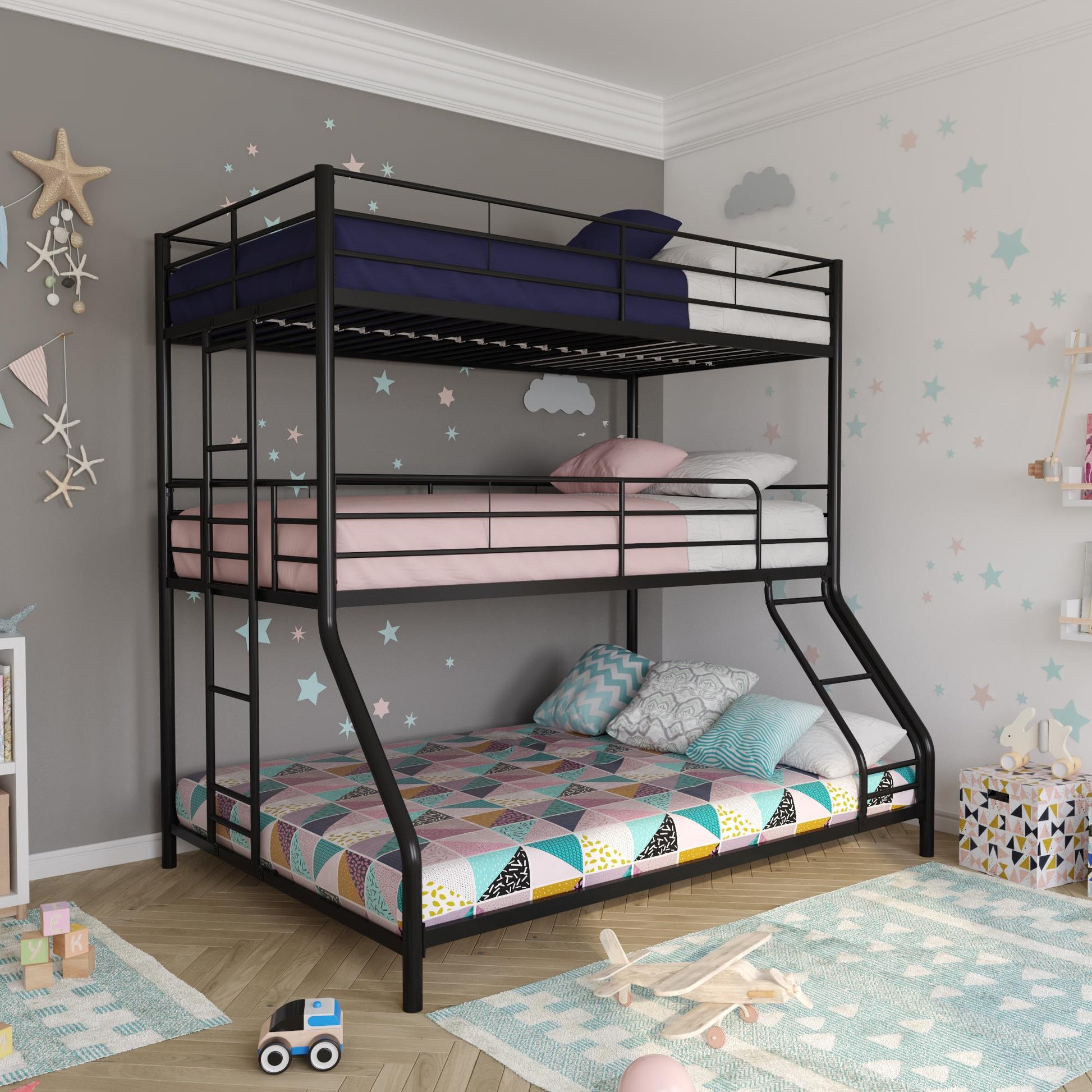 Metal Triple Bunk Bed with Metal Slats and 2 Integrated Ladders - Black - Twin-Over-Full