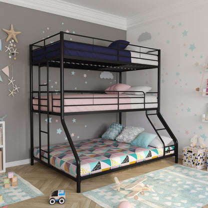 Metal Triple Bunk Bed with Metal Slats and 2 Integrated Ladders - Black - Twin-Over-Full