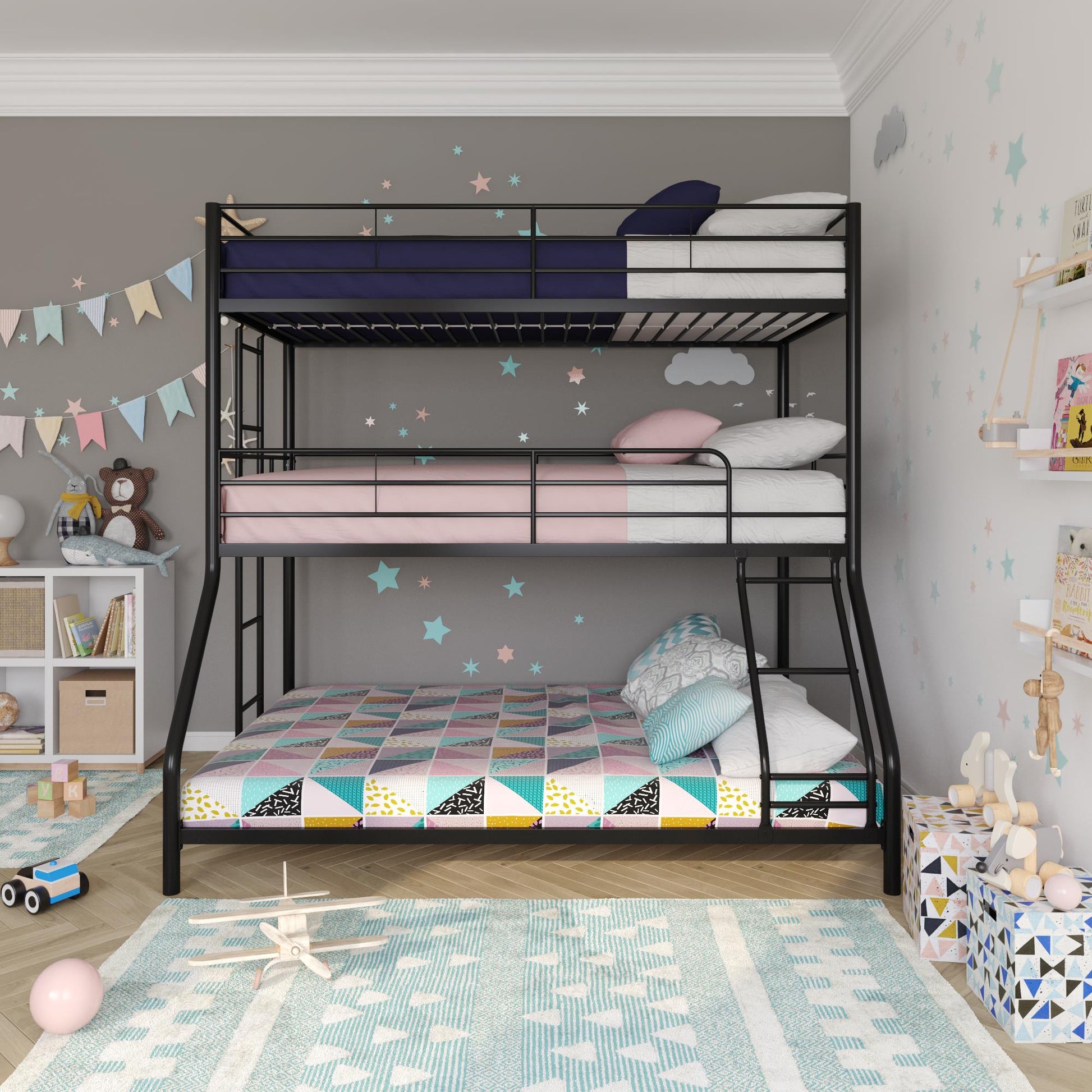 Metal Triple Bunk Bed with Metal Slats and 2 Integrated Ladders - Black - Twin-Over-Full